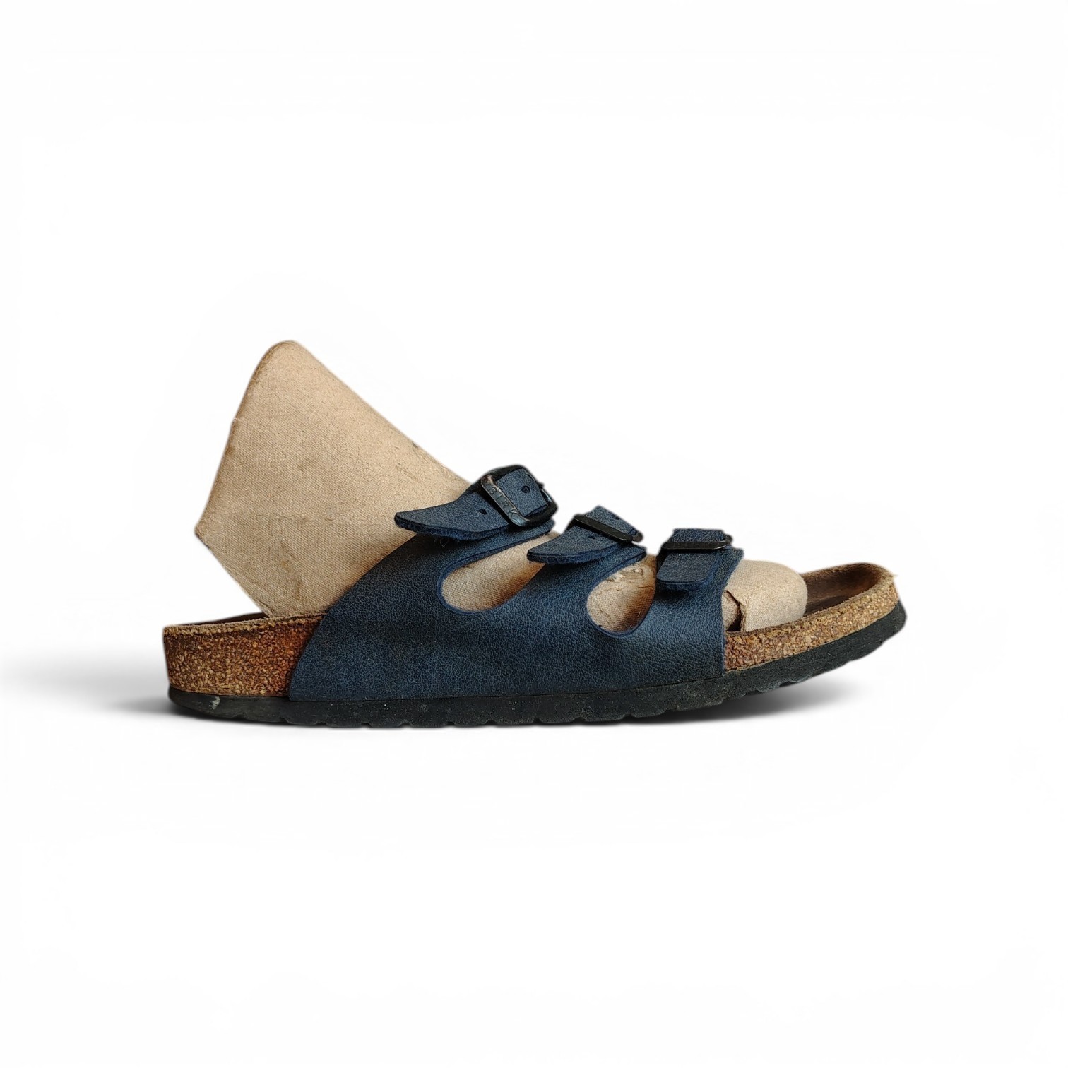 Birkenstock Men’s Blue Leather 3-Buckle Slide Sandals Cork Insole US 6