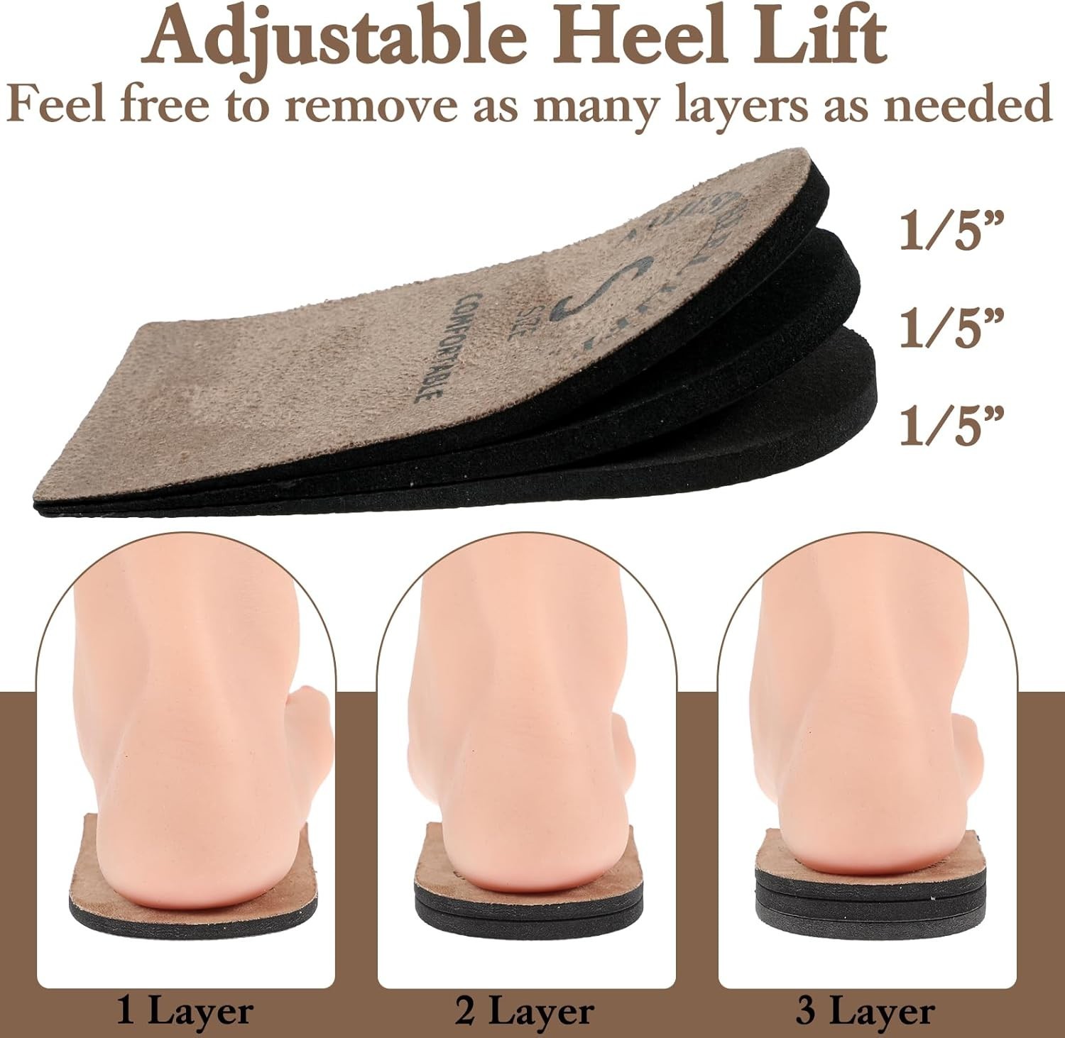 2 Pack Adjustable Heel Lifts, Brown Shoe Inserts (Small), Cushioned Comfort Pads