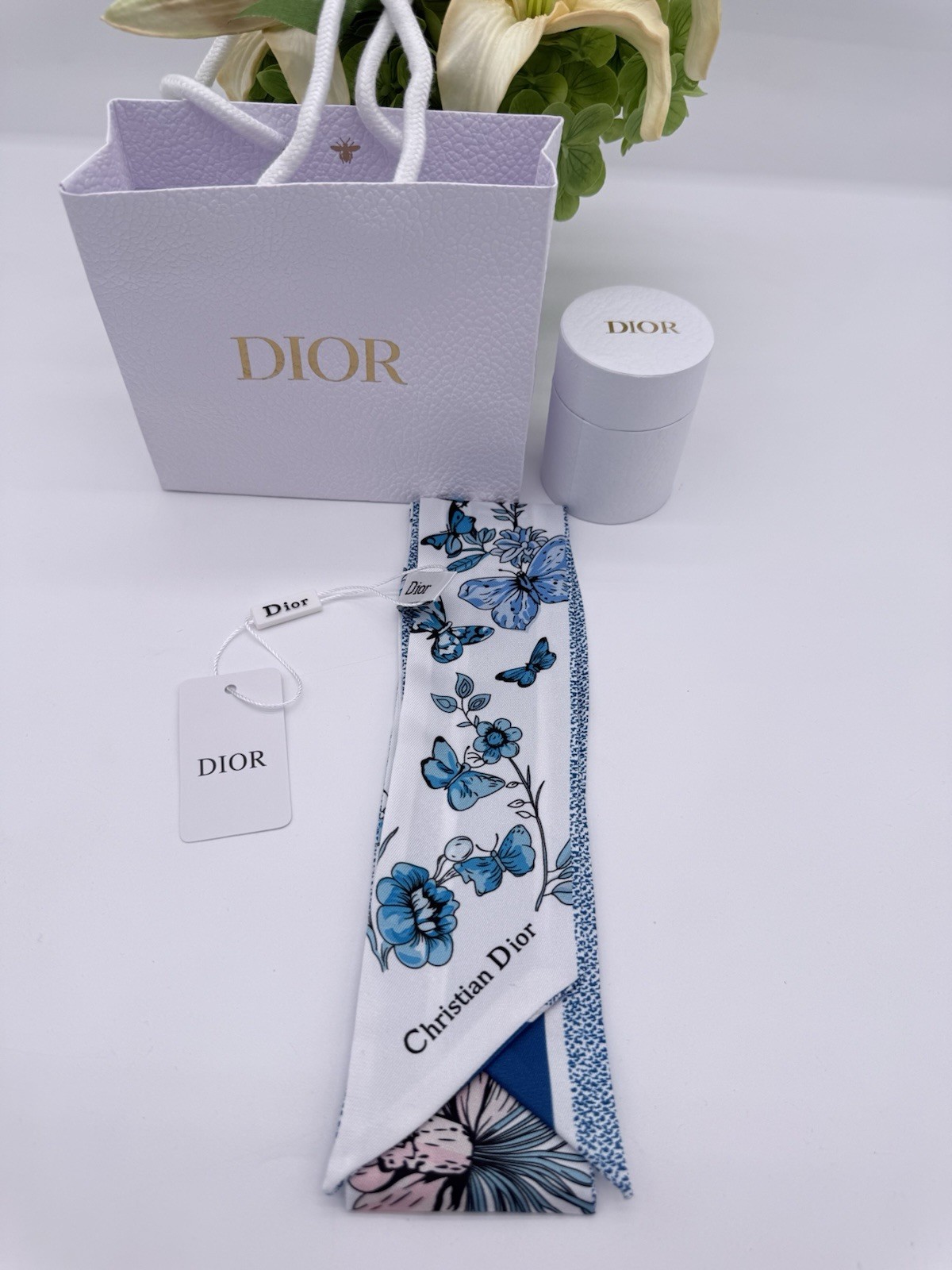 Christian Dior GWP Silk Ribbon Scarf Blue Floral Butterfly Print 41.3″ Gift Box