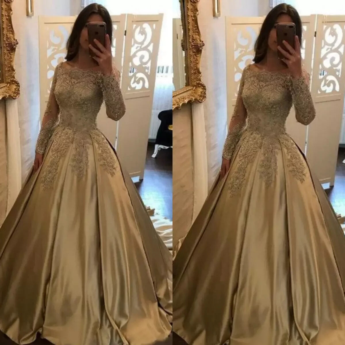Classic Wedding Dresses Satib Long Sleeves Victorian 1980s Lace Bridal Gowns