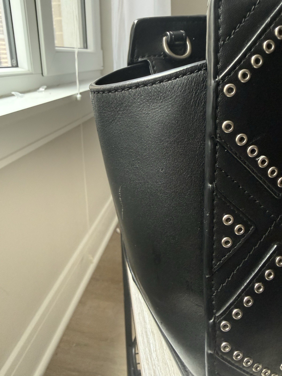 Michael Kors Selma Large Black Leather Grommet Studded Satchel Handbag Silver