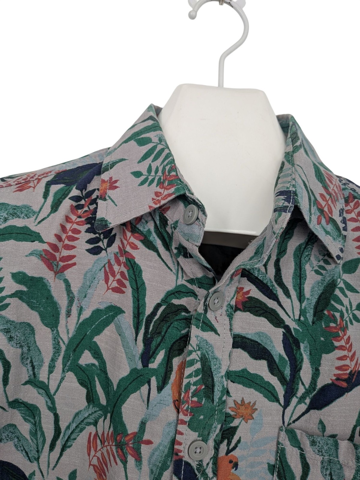 Tropical Print Button Up Shirt Parrot Toucan Vacation Aloha Jungle Resort Large