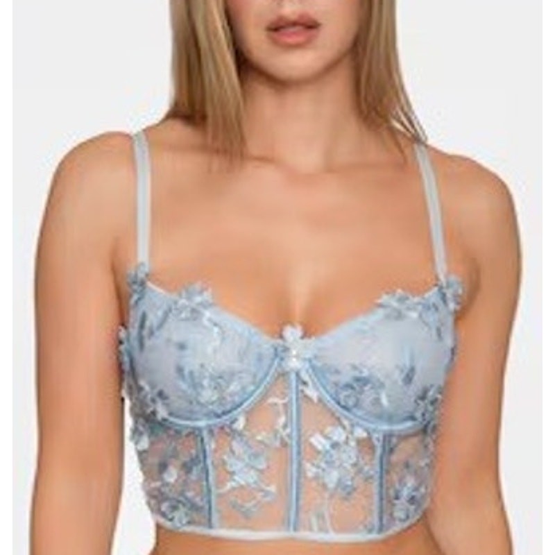 Y2K Sheer Floral Appliqué Bustier Crop Top Medium Blue Fairy Romantic Coquette