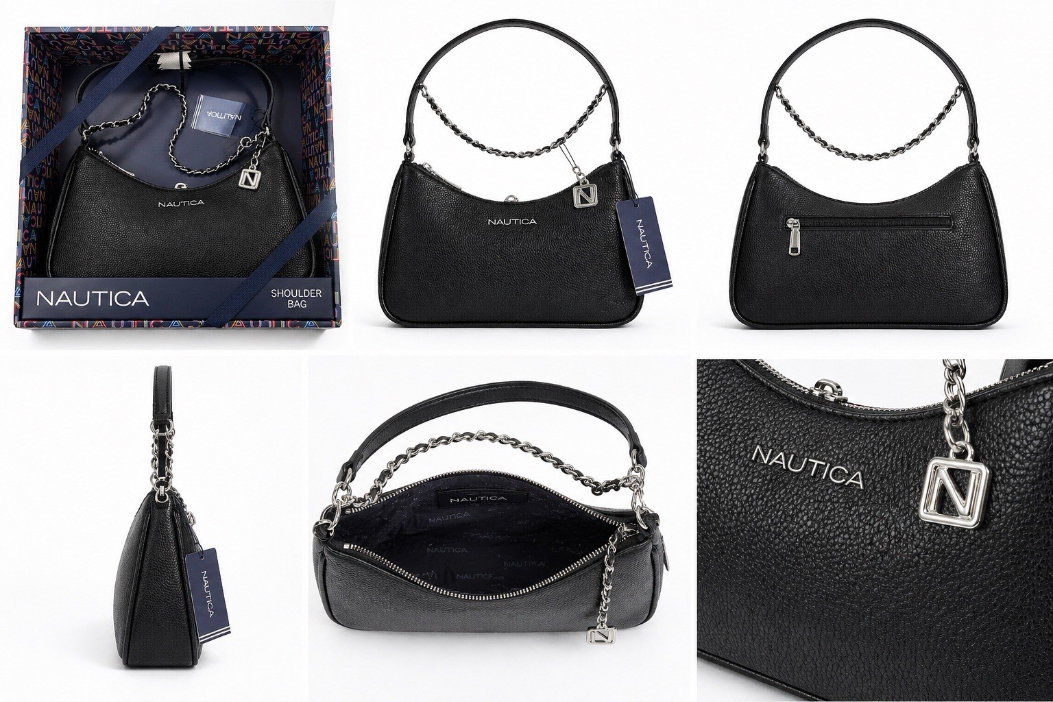 Nautica Black Shoulder Bag Chain Strap Logo Charm Zipper Accents Small Classic