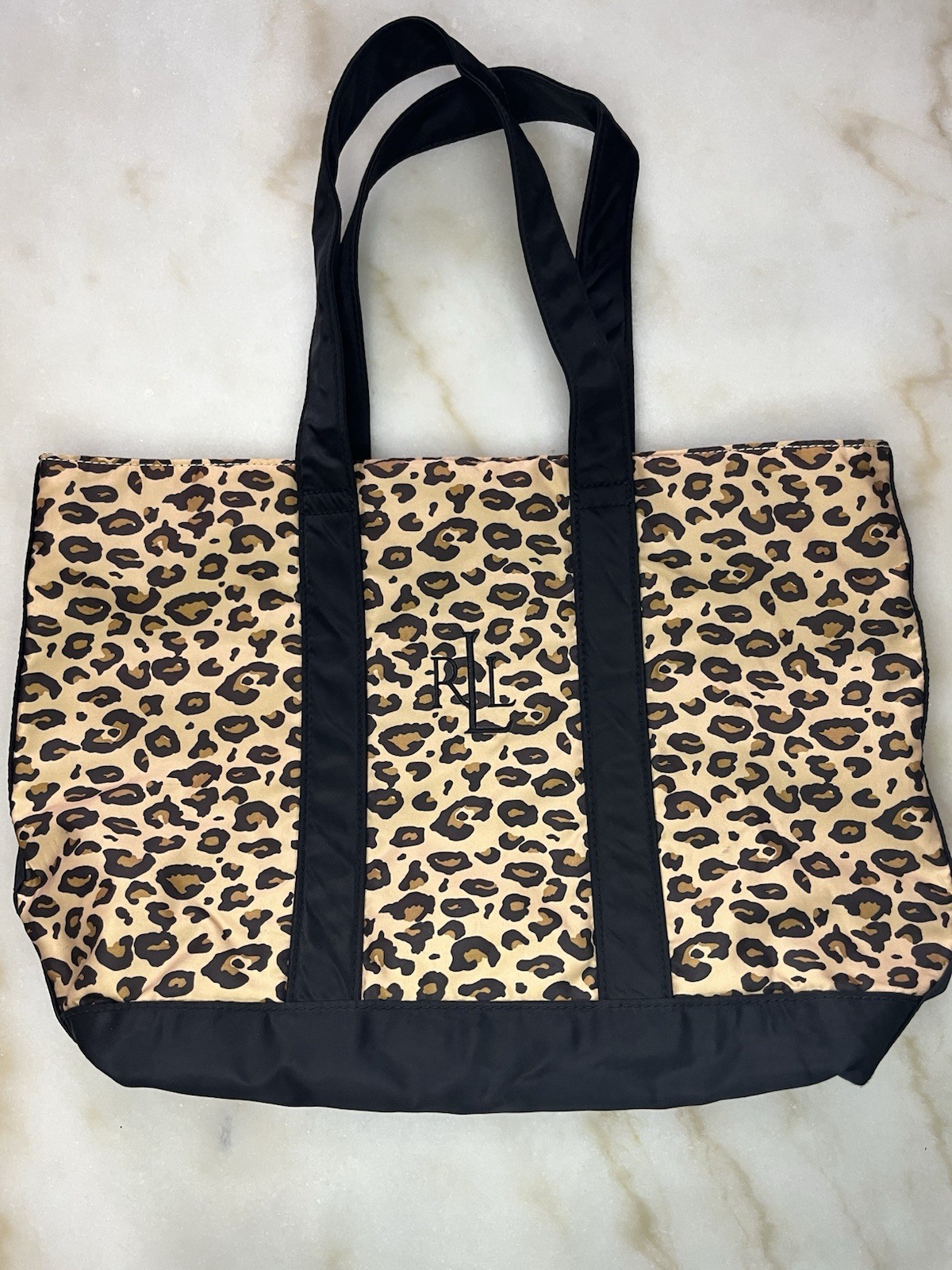 Lauren Ralph Lauren Leopard Print Tote Bag Black Trim & Handles Travel Resort