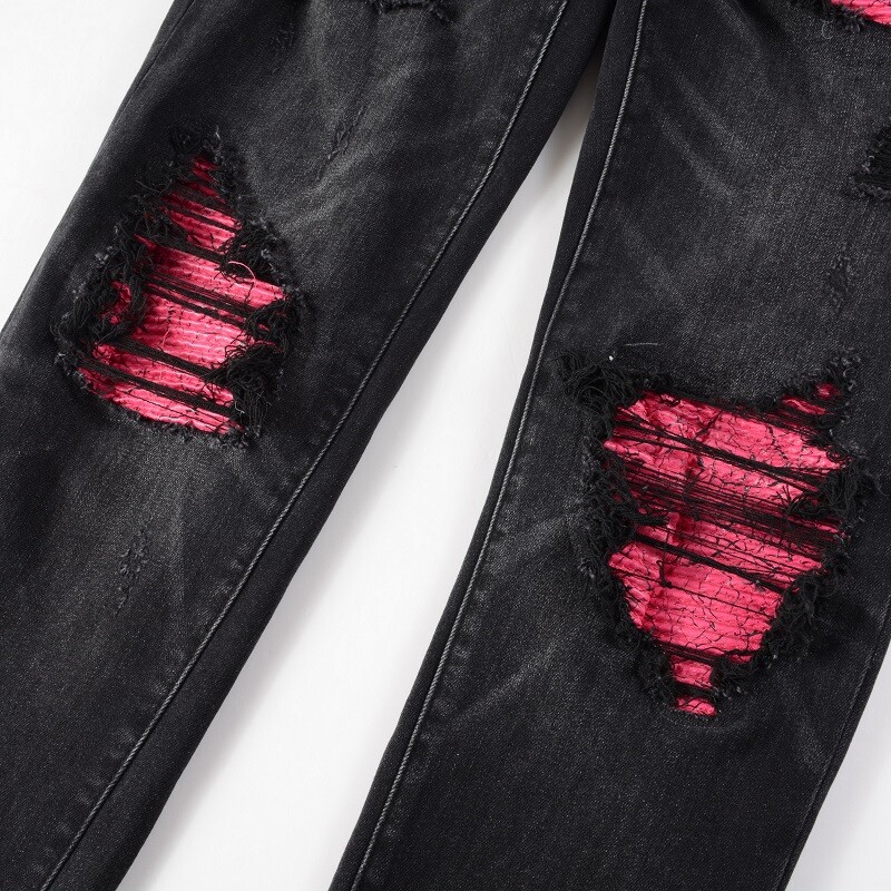 Men’s Black Skinny Stretch Jeans with Pink Patchwork Rips, Raw Hem, Button Waist
