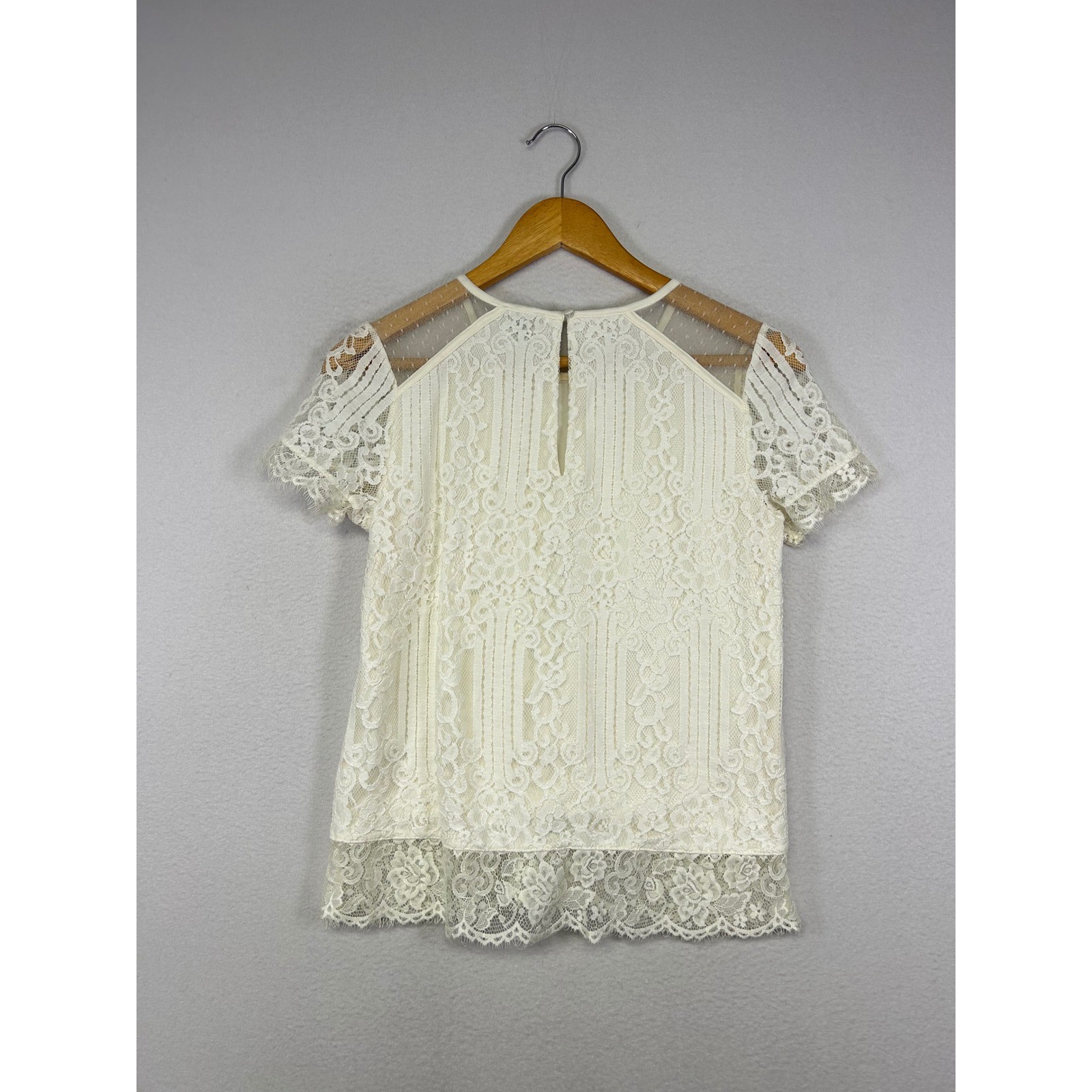 Romantic Coquette Express Womens Small Ivory Floral Lace Swiss Dot Mesh Blouse