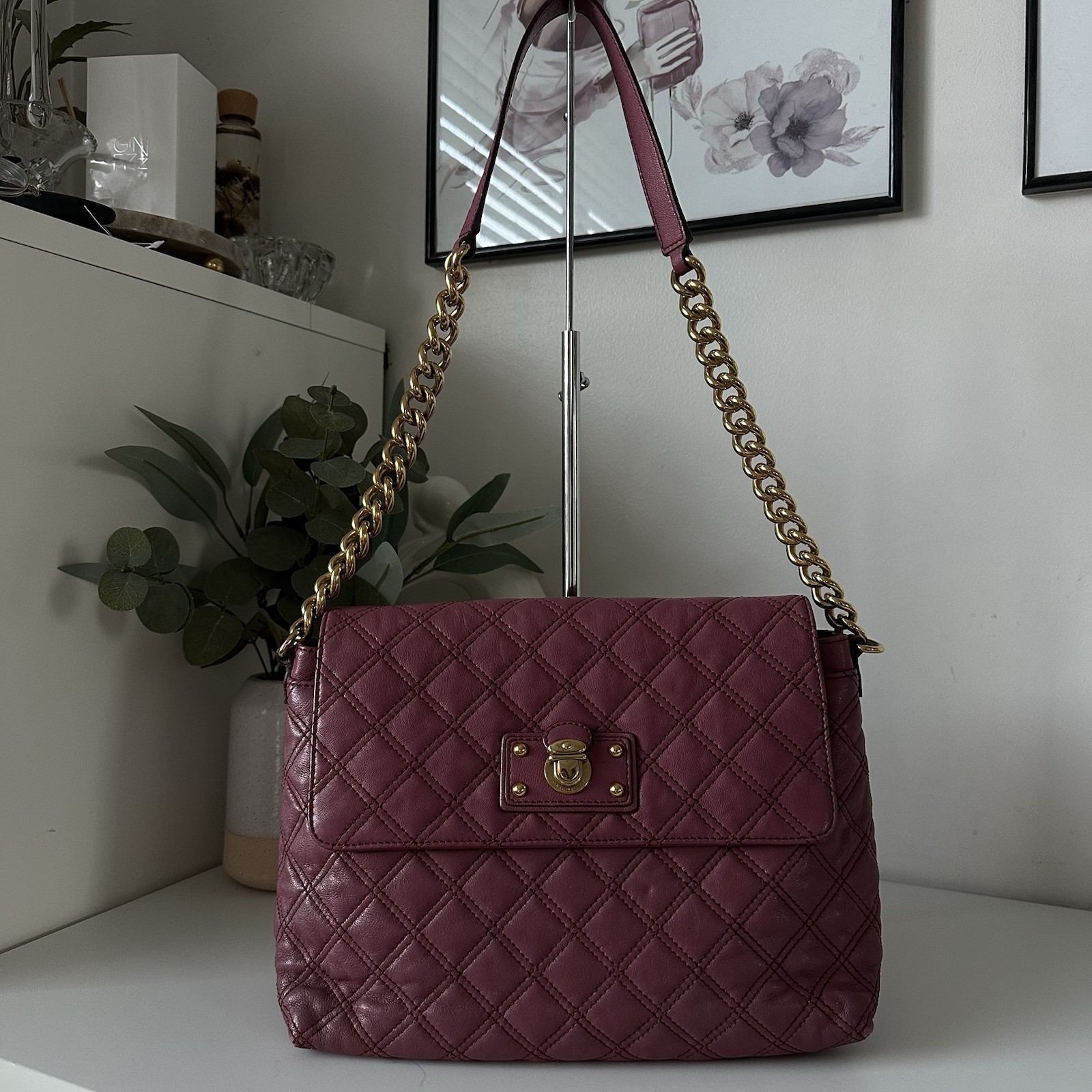 Marc Jacobs Dark Magenta Quilted Leather The XL Single Shoulder Bag Gold Chain