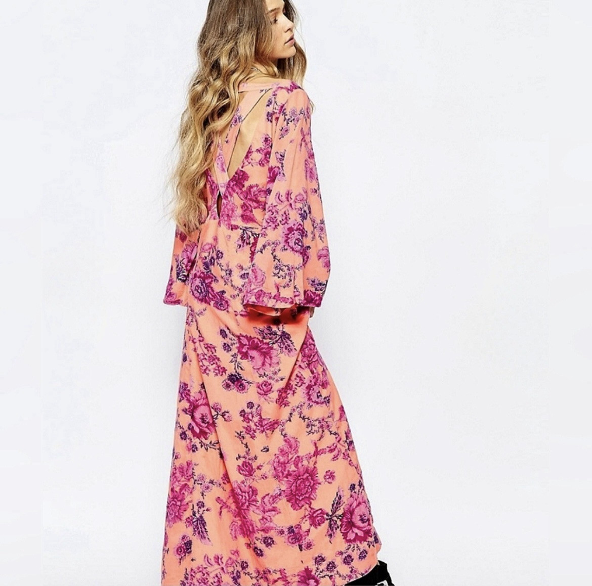 FREE PEOPLE Melrose Floral Open Back Maxi Dress Bell Sleeve Gown Pink 2