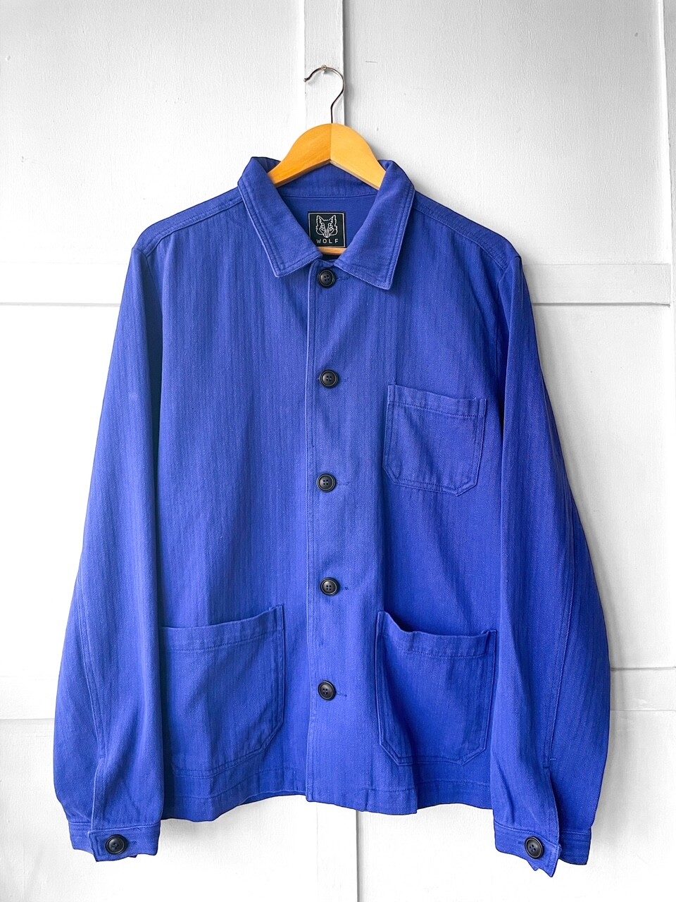 Herringbone French Chore Jacket 60s Style Bugatti Blue Washed Cotton Twill