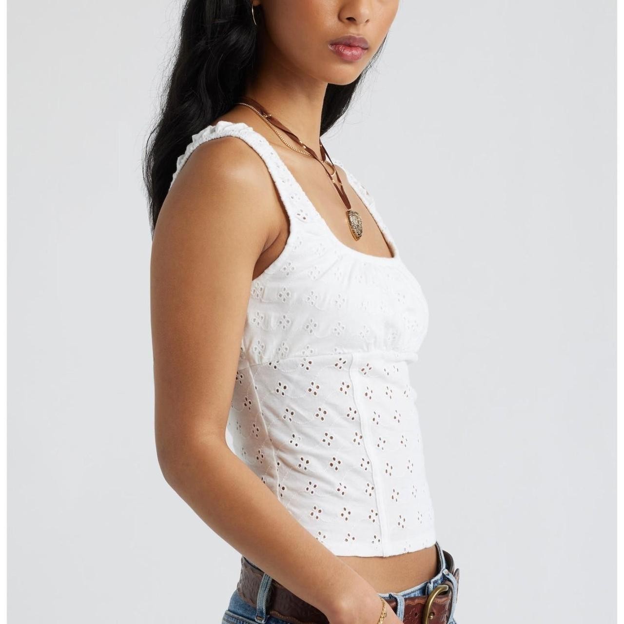 Women’s White Cotton Woven Eyelet Square Neck Sleeveless Wide Strap Tank