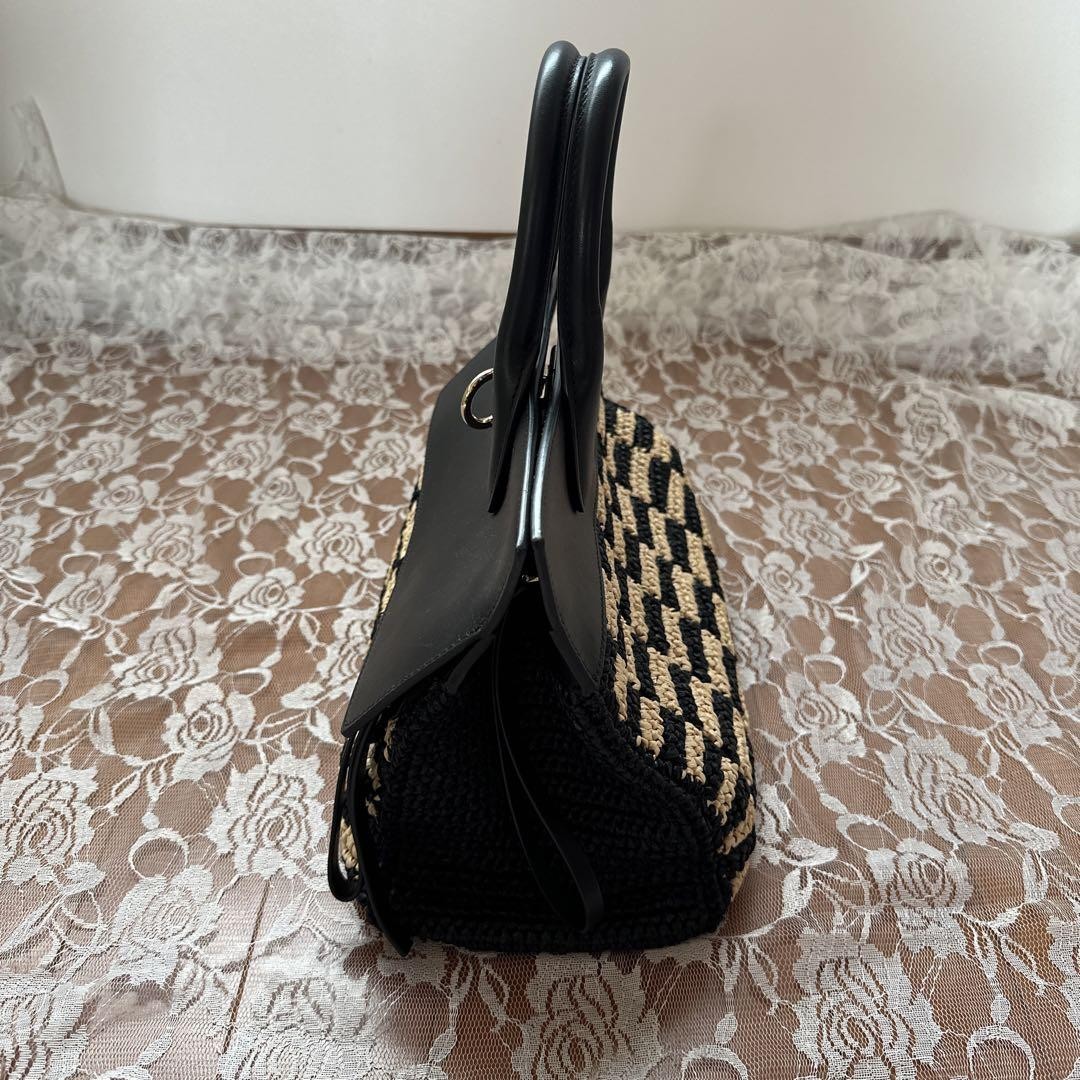 Ferragamo Studio Bag Raffia Leather 2Way Black 29cm 11.4in Wide Minor Flaw