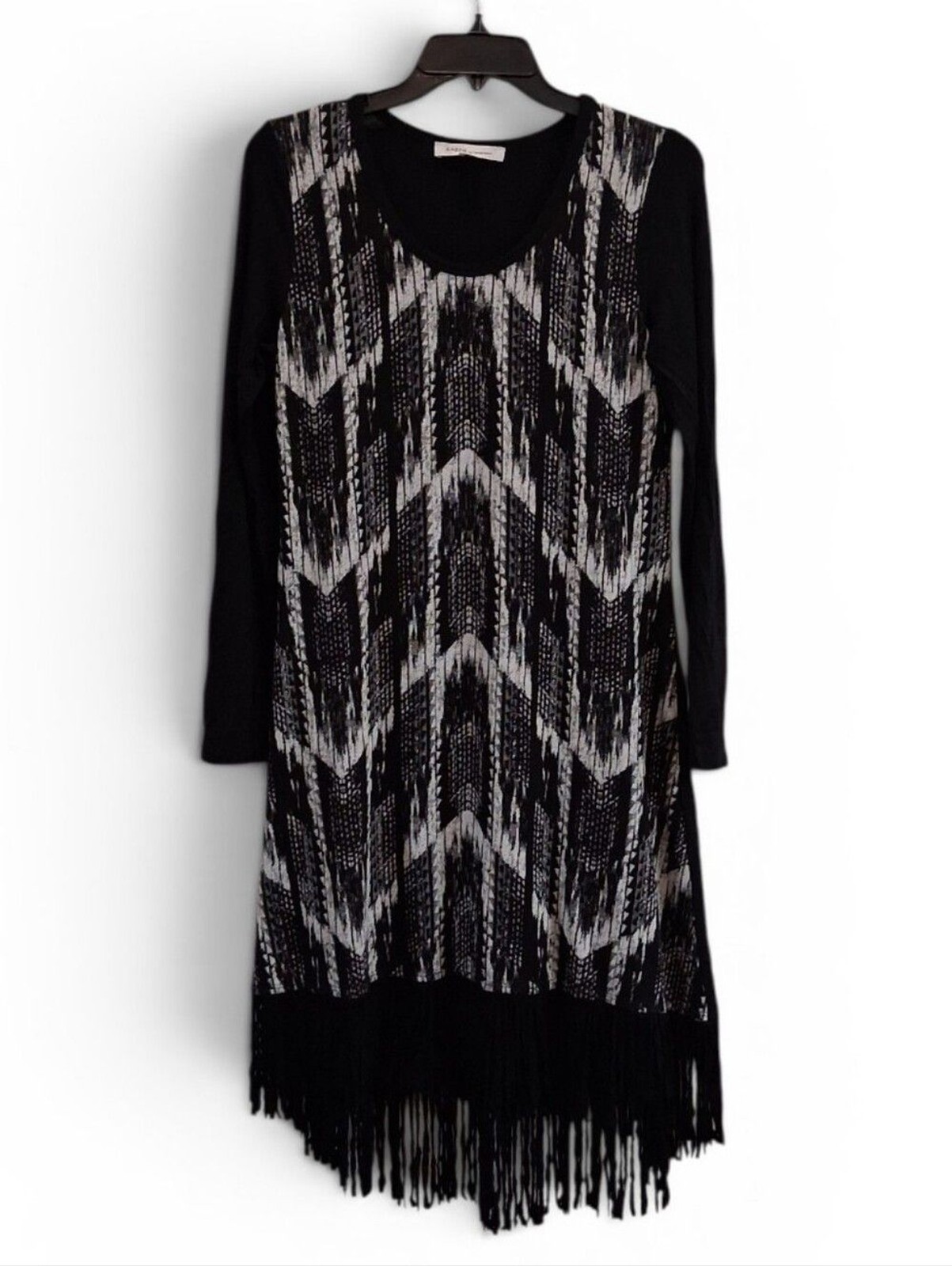 Karen Kane Print Front Fringe Women’s High Low Shift Dress Black Off White SZ L