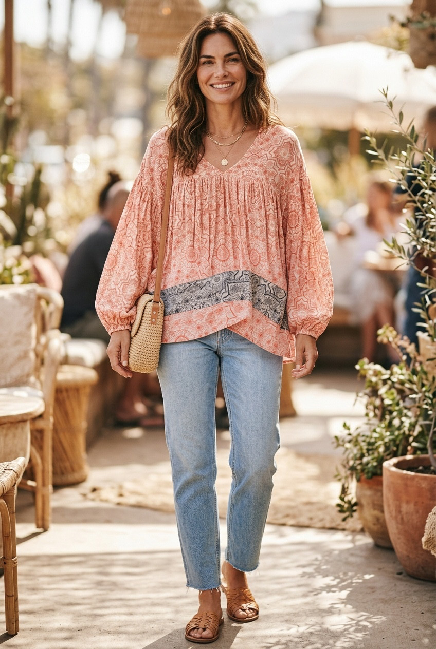 Ces Femme Bohemian Paisley Print Balloon Sleeve V-Neck Blouse