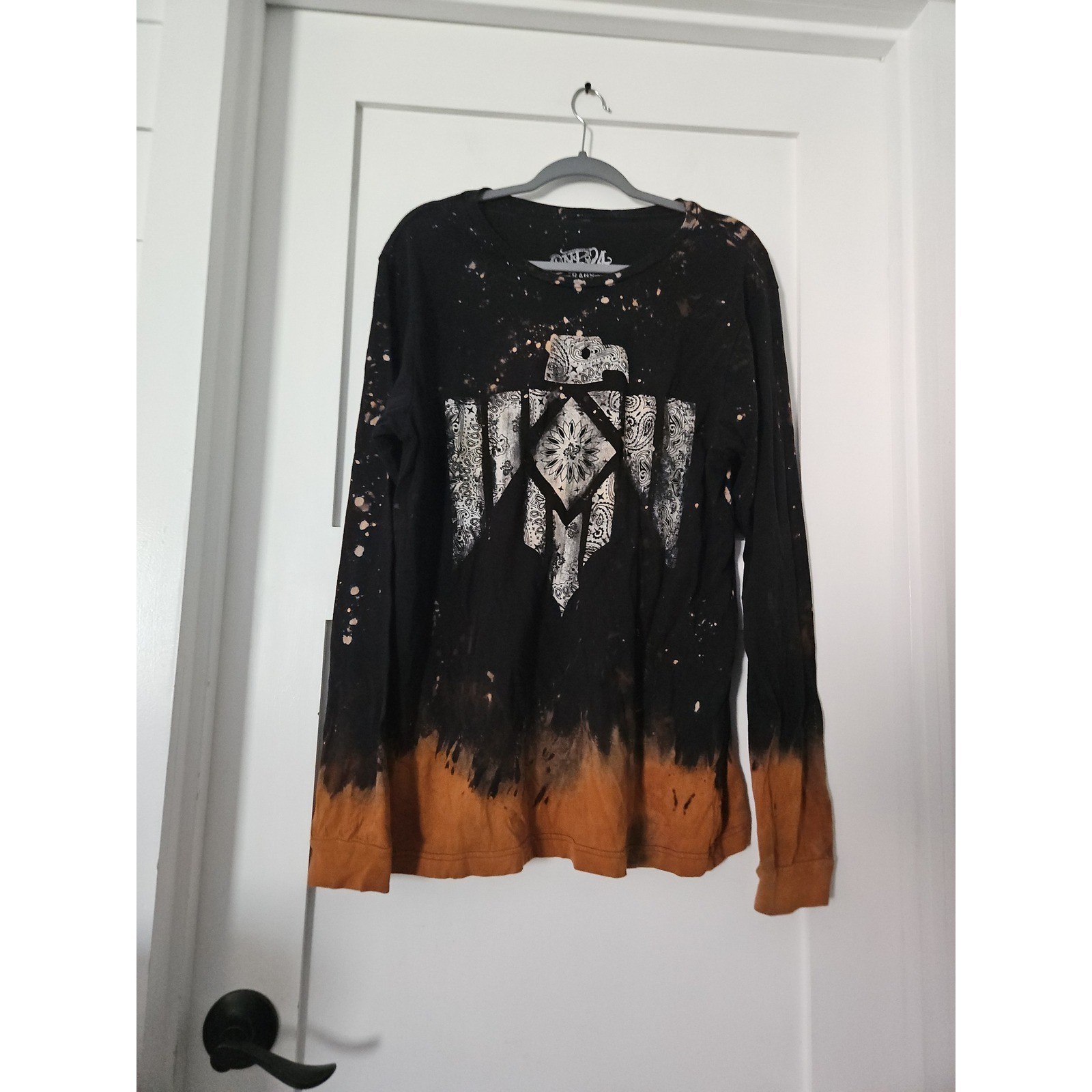 One24 Rags Bleached Thunderbird Graphic Tee Large Black Orange Acid Wash Grunge
