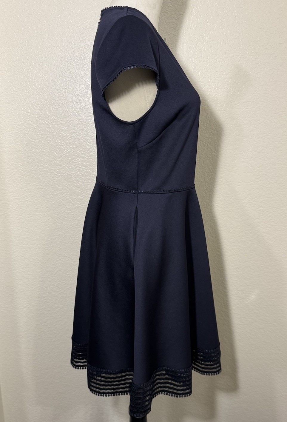 Ted Baker London Size 2 Navy Polyester Rohdia Skater Dress Mesh Trim Pockets Zip