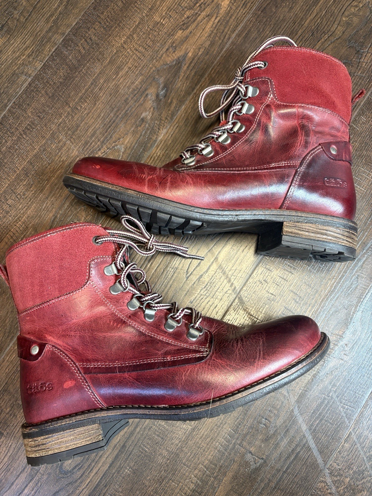 Taos Ringer Womens Red/Burgundy Leather LaceUp Side Zip Ankle Combat Boots 8/8.5