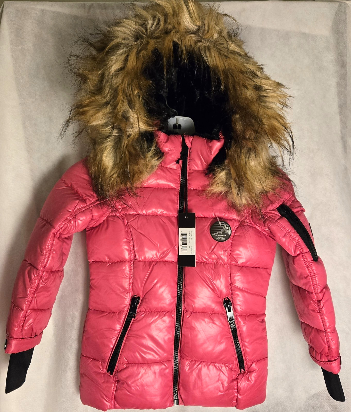 NWT DIESEL FAUX FUR TRIM PUFFER HOODED JACKET HOT PINK SIZE (5-6)
