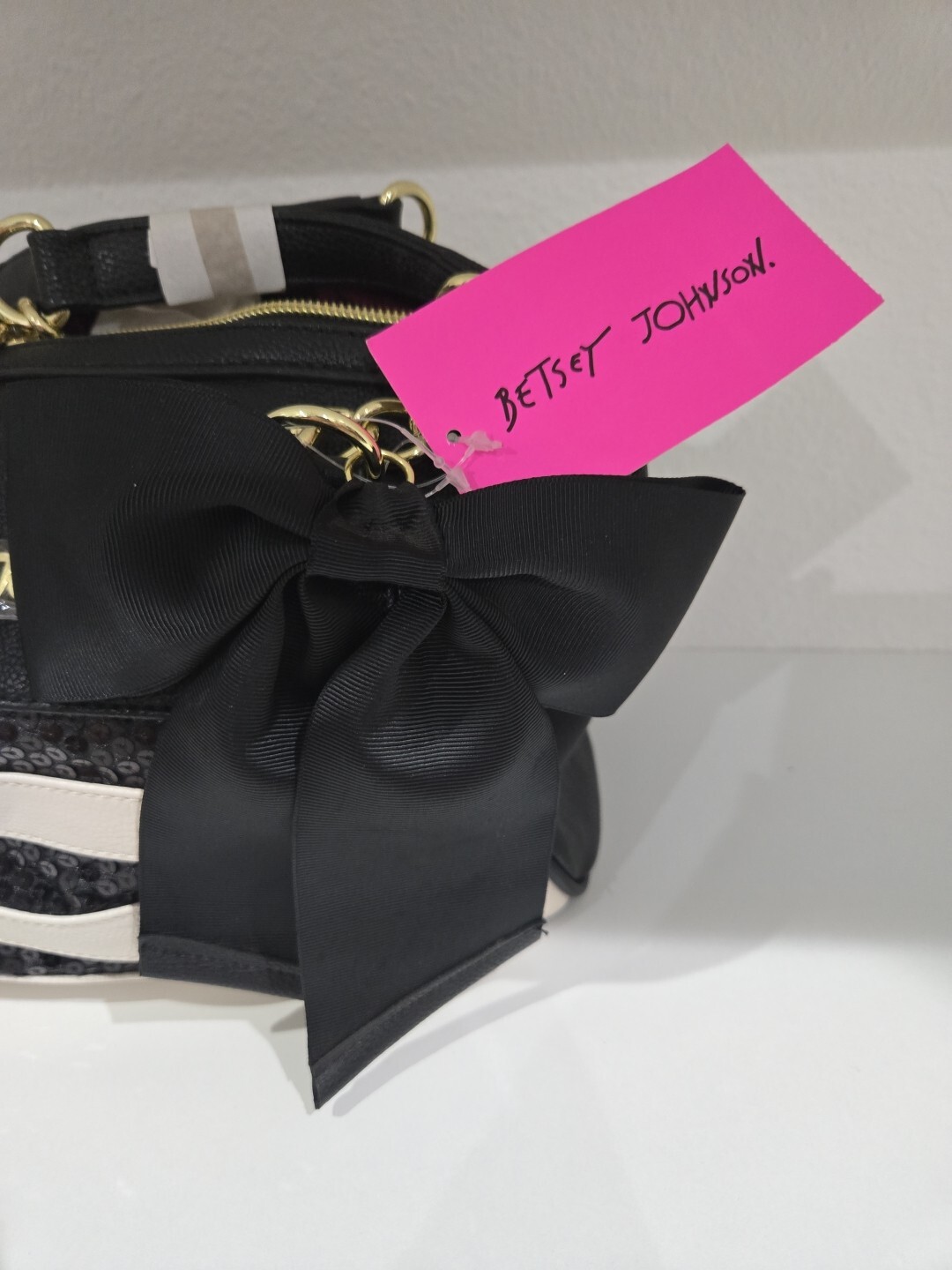BETSEY JOHNSON Sequin Stripes,Stripe Medium Satchel NWT Black