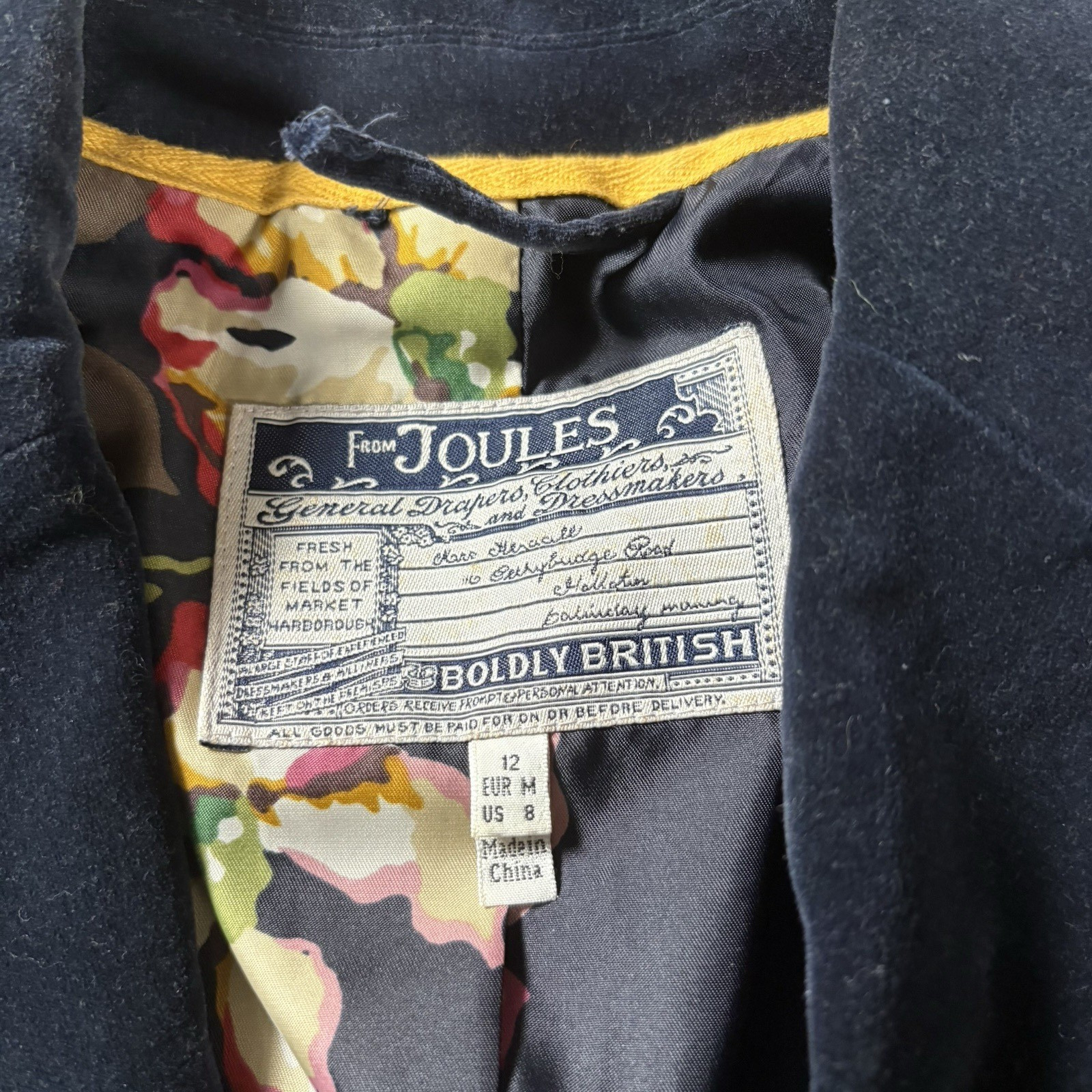 Joules Blazer UK 12 Blue Wool Tweed Jacket Windowpane Velvet Trim Hartfield