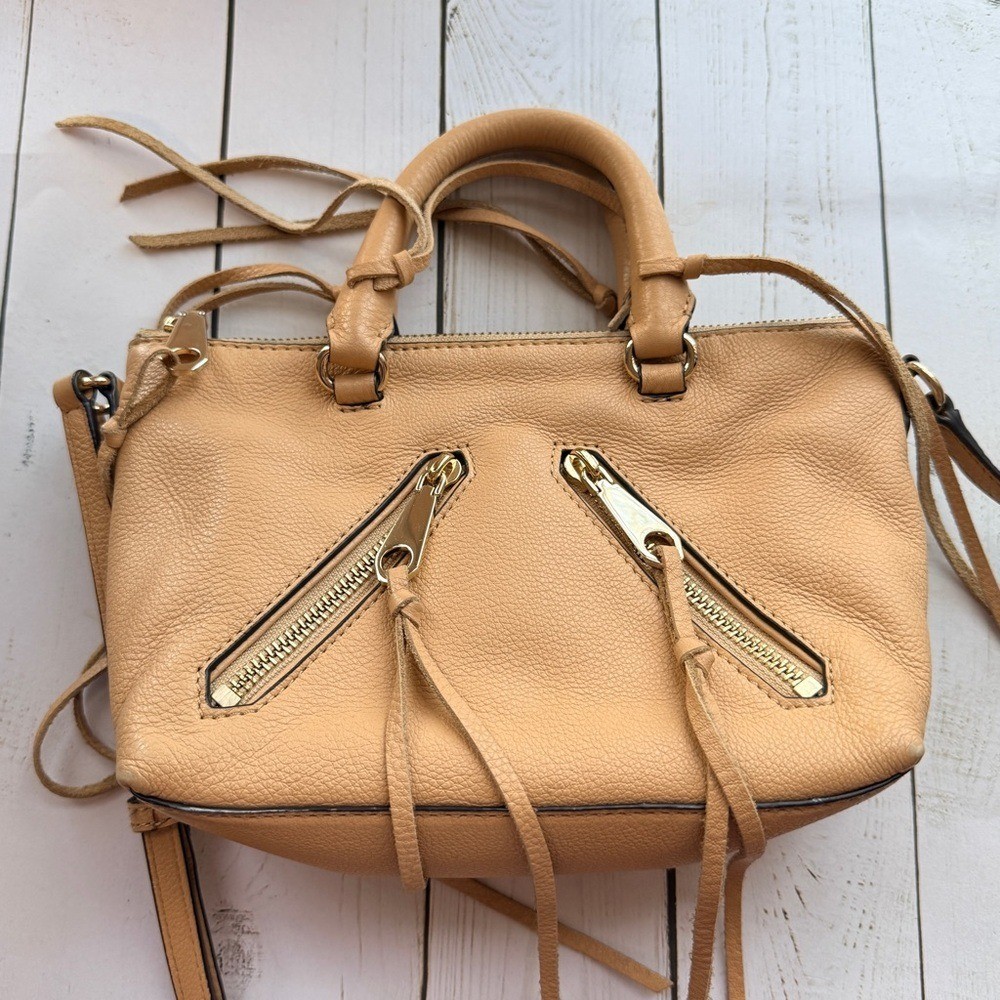 Rebecca Minkoff Tan Pebbled Leather Mini Satchel Crossbody with Fringe Details