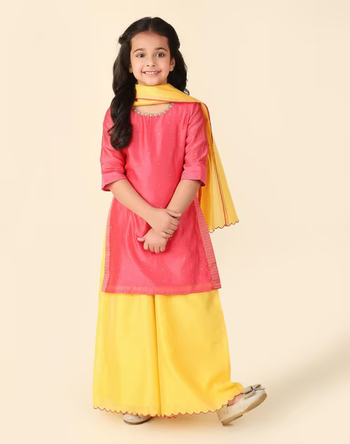 Fab India Kids Palazzo Set – Pink & Yellow Girls 2-3 Yrs