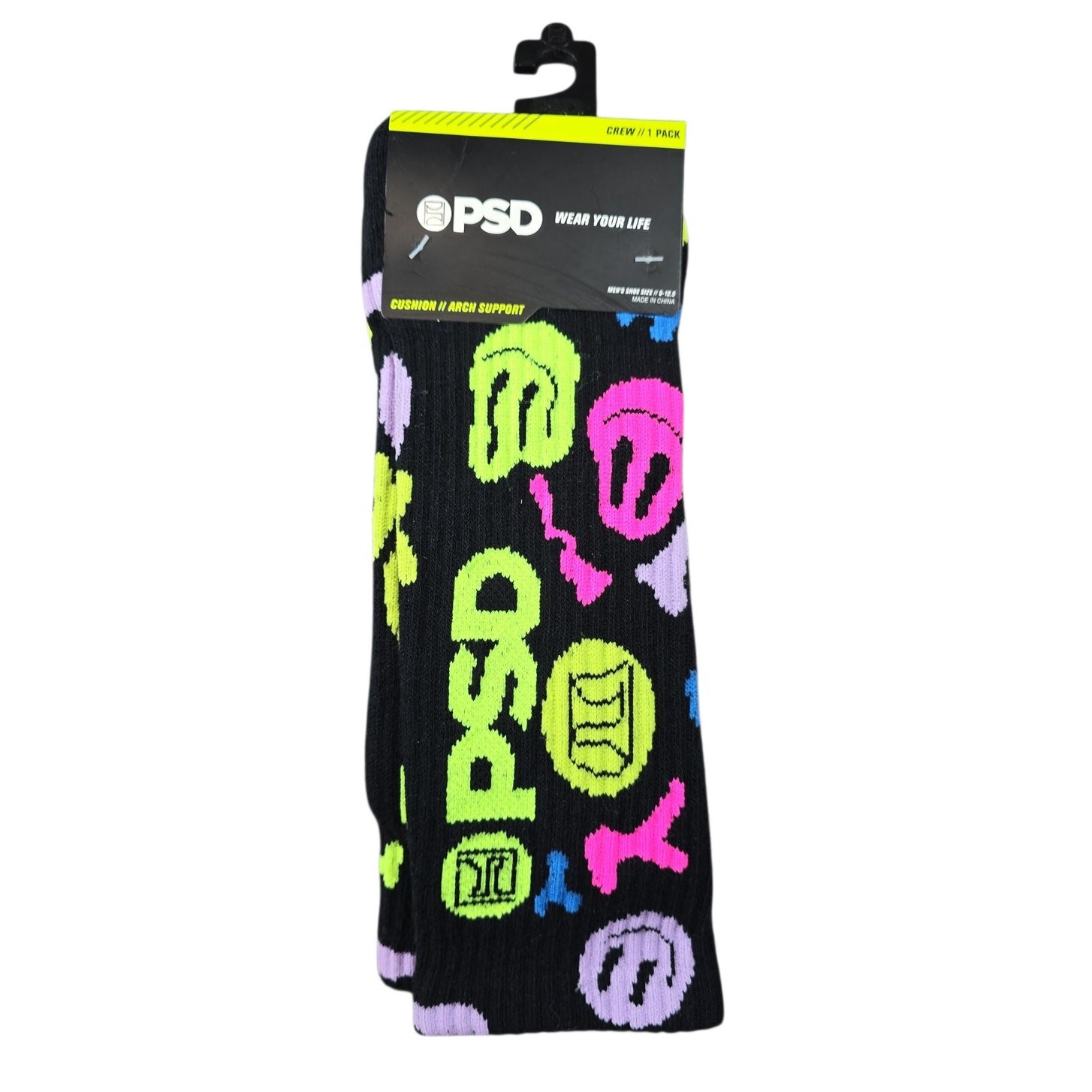PSD Smiley Face Crew Socks Mens 6-12.5 Graphic Multicolor Novelty Streetwear NWT