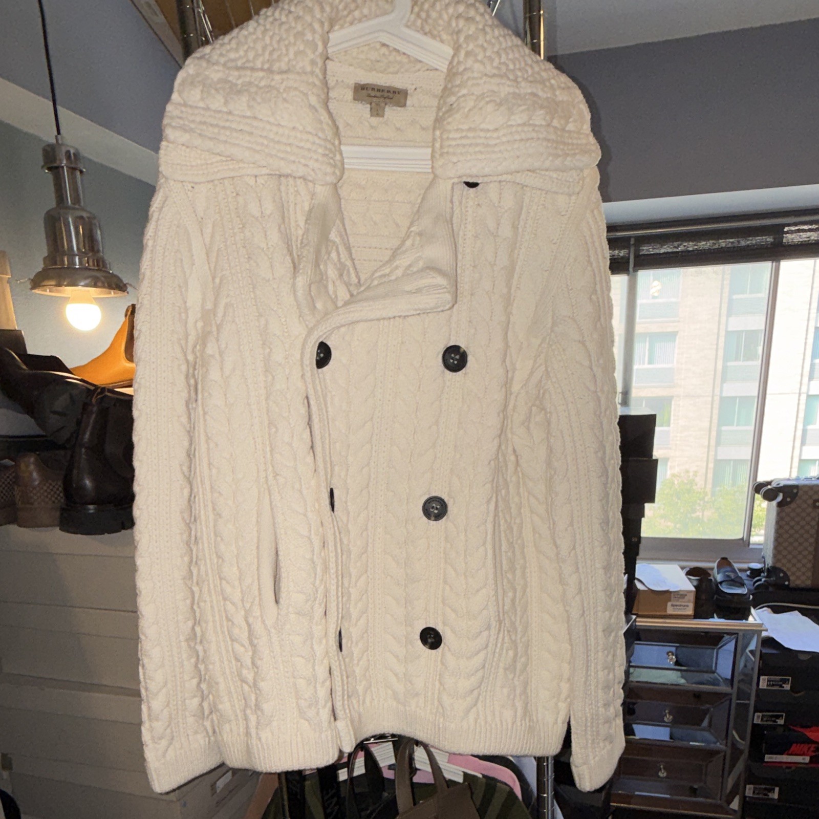 Burberry Women’s Ivory Cable-Knit Peacoat Jacket Double Breasted Pockets L