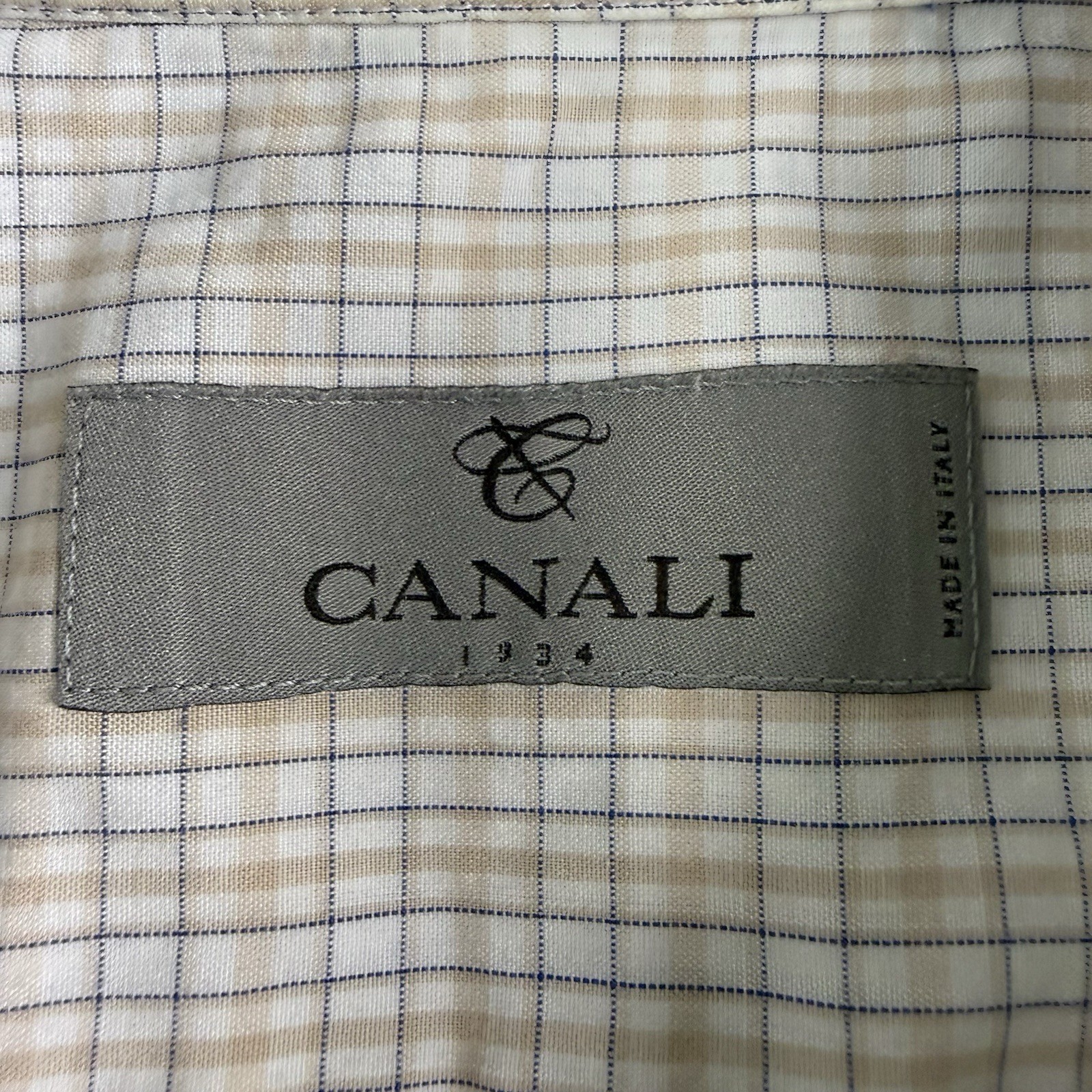 Canali 1934 Dress Shirt Mens 43 17 Beige Blue Check Cotton Button Up Italy