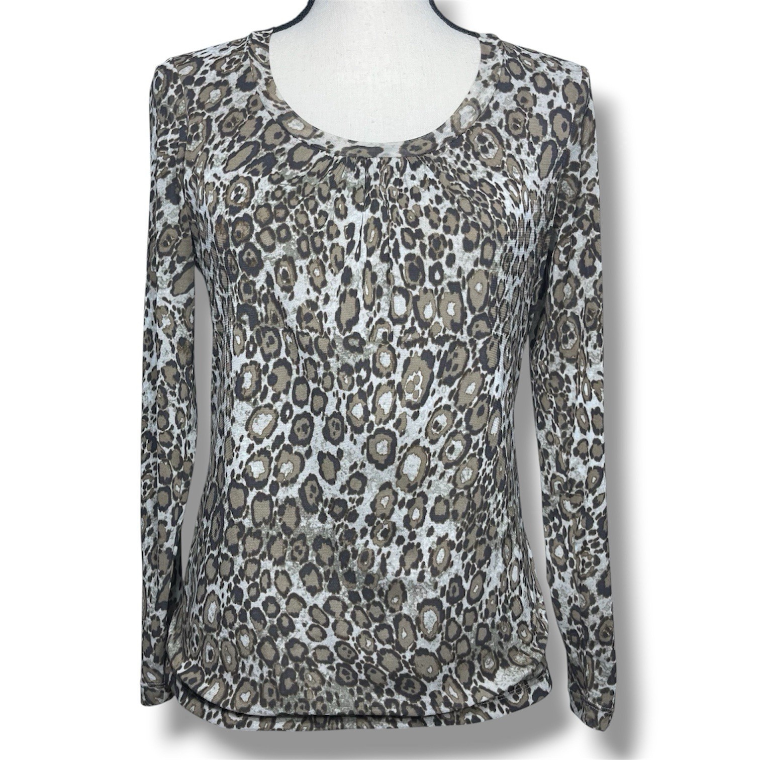 Liz Claiborne Leopard Animal Print Mesh Blouse Sheer Sleeves Stretch Knit, S