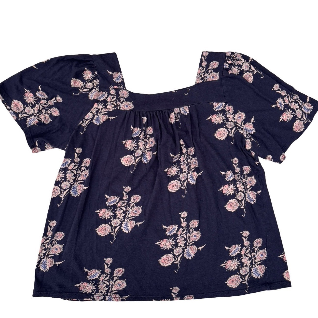 Lucky Brand Floral Blouse Womens Large Navy Blue Square Neck Boho Top