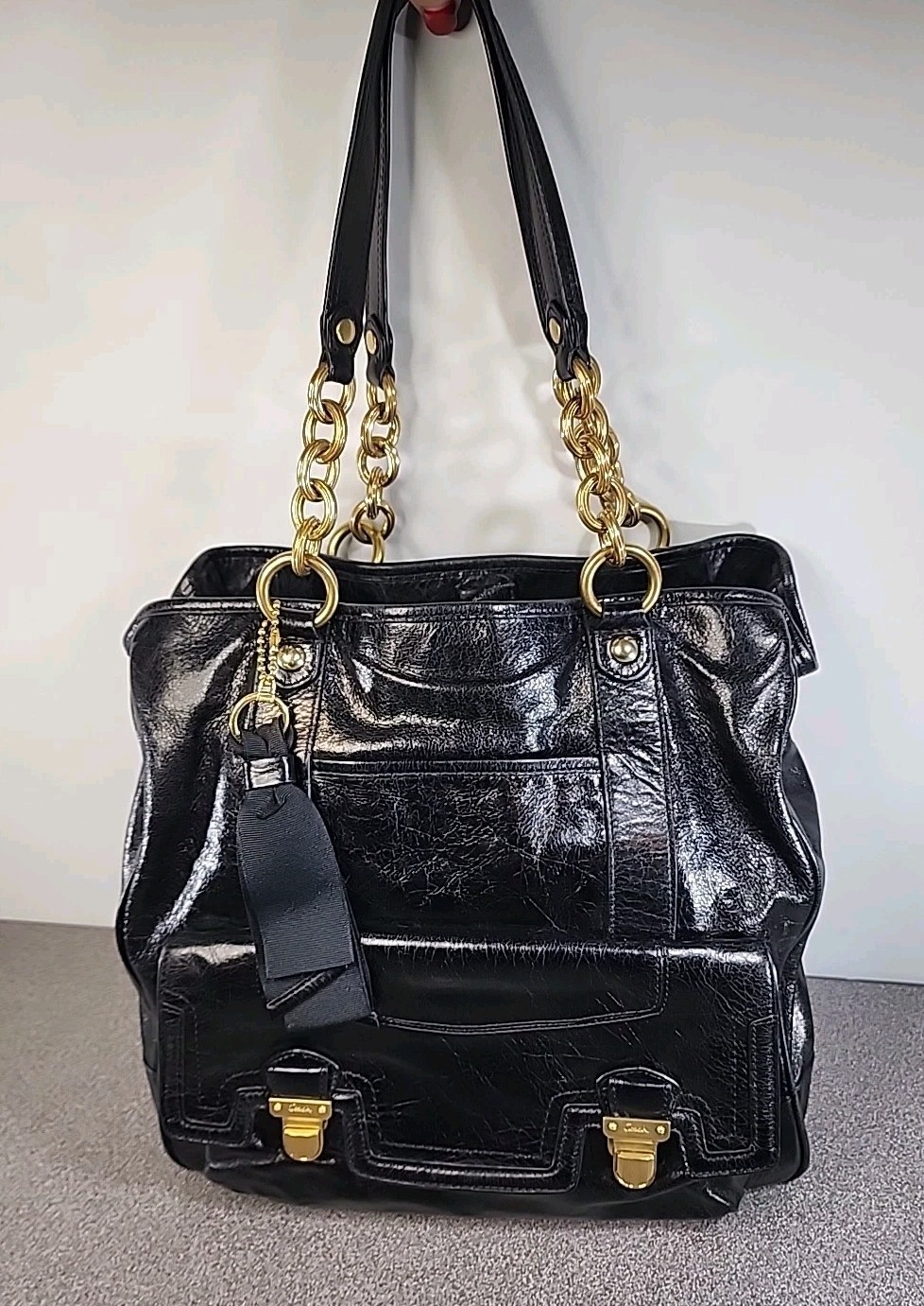 Vintage Coach Poppy #17924 Camelia Black Leather Push Lock Large Tote Bag Gold