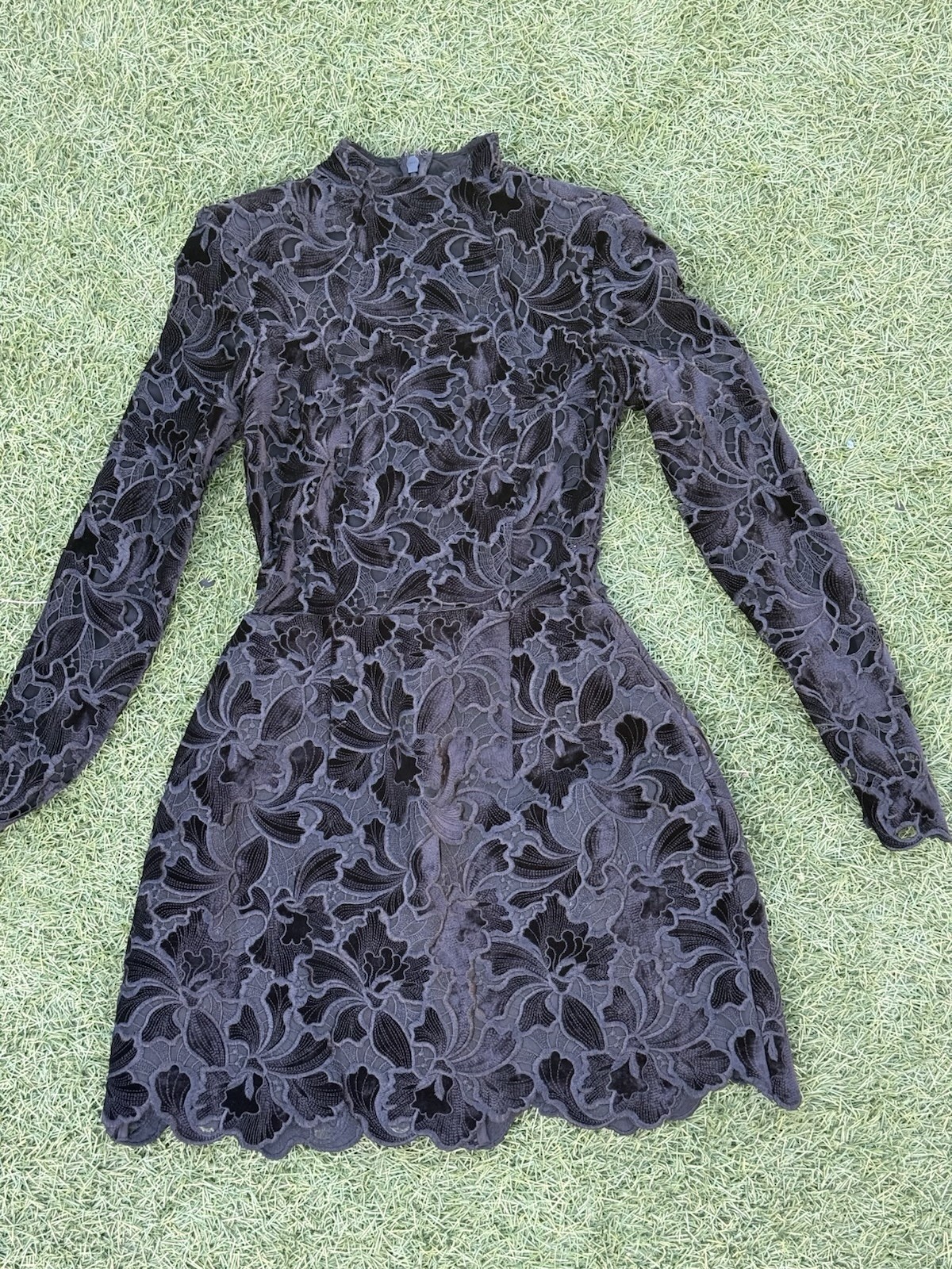 Nadine Merabi Black Floral Lace Embroidered Mini Dress XS High Neck Long Sleeve