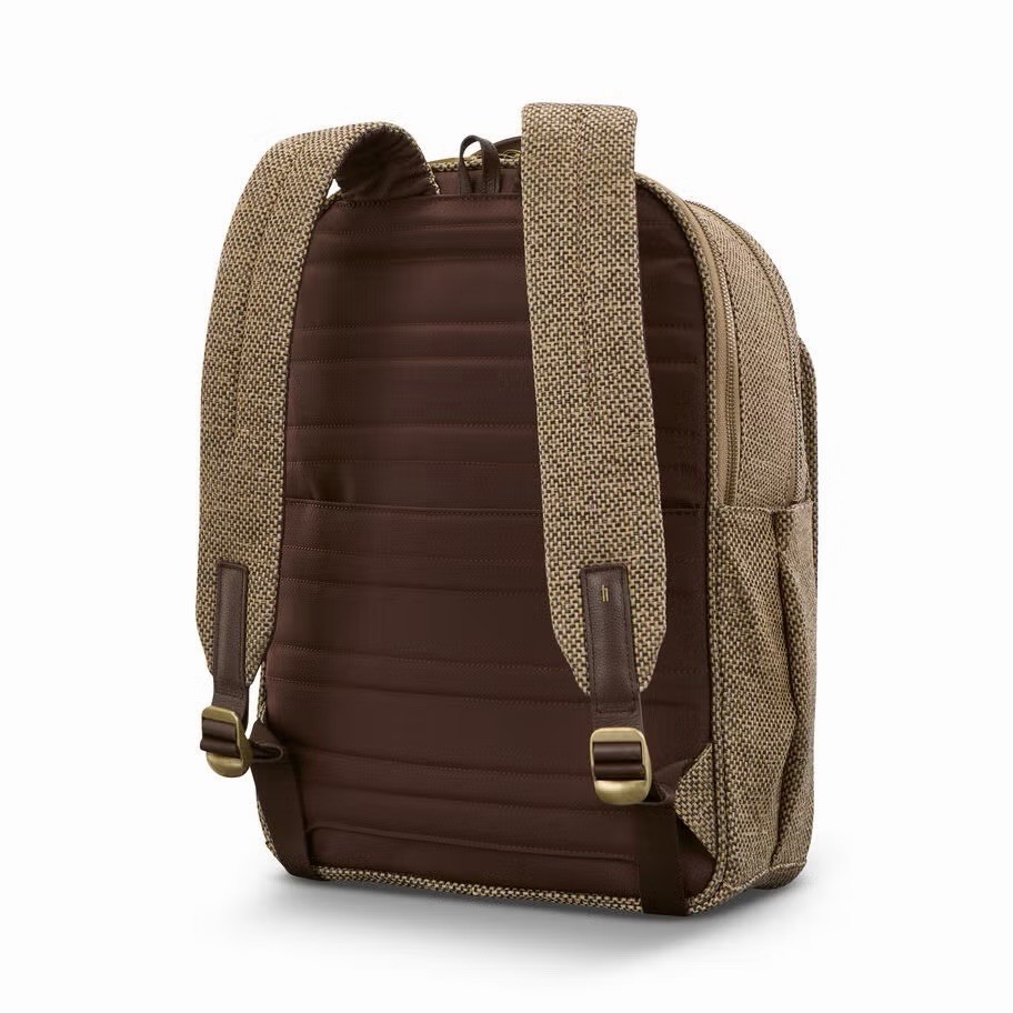 Hartmann Tweed Pattern Backpack Brown/Beige Zip Outer Pockets Leather Straps