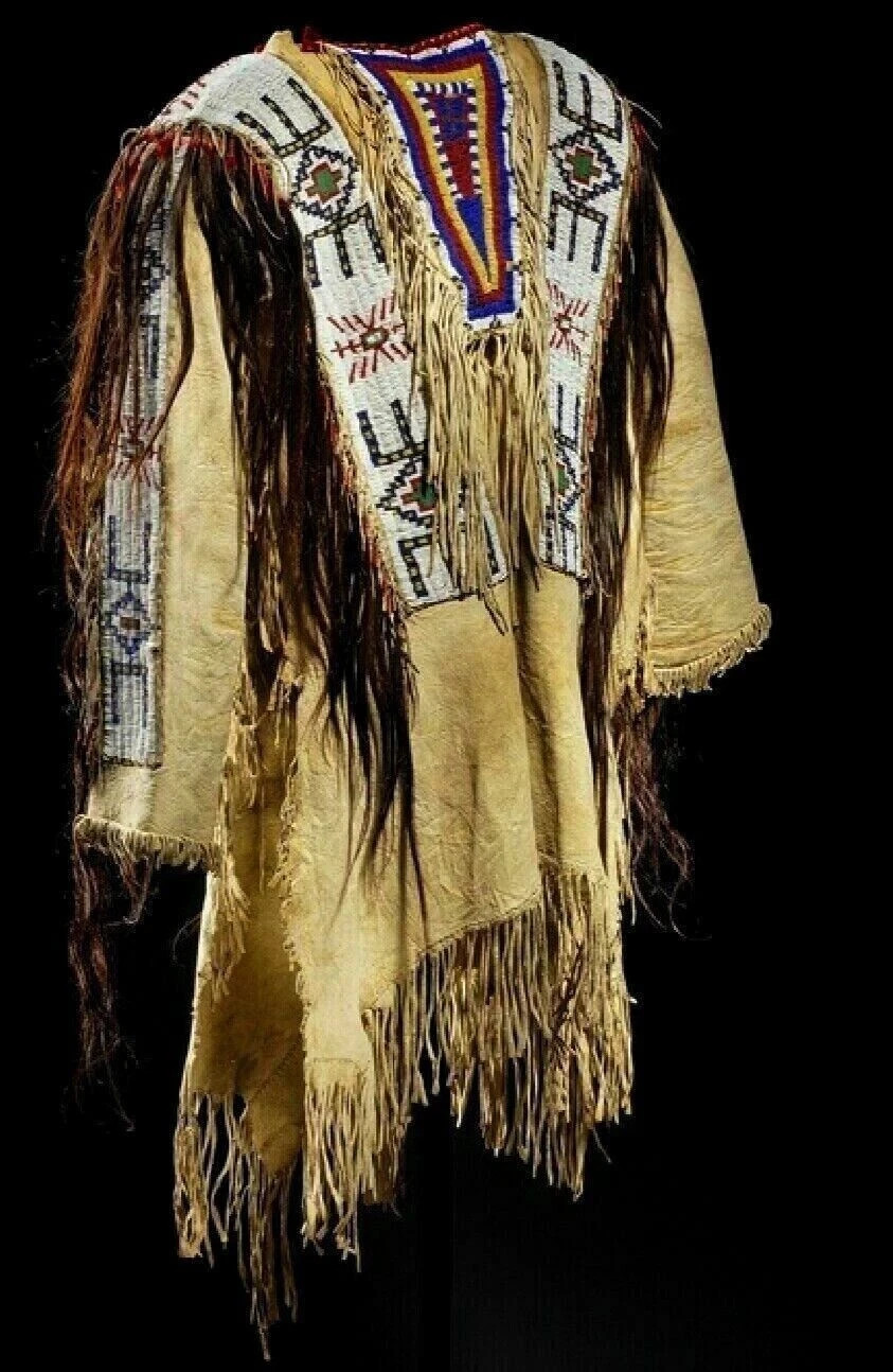Men Native American Western Warrior Oglala Lakota Suede Leather Shirt Beaded Cow