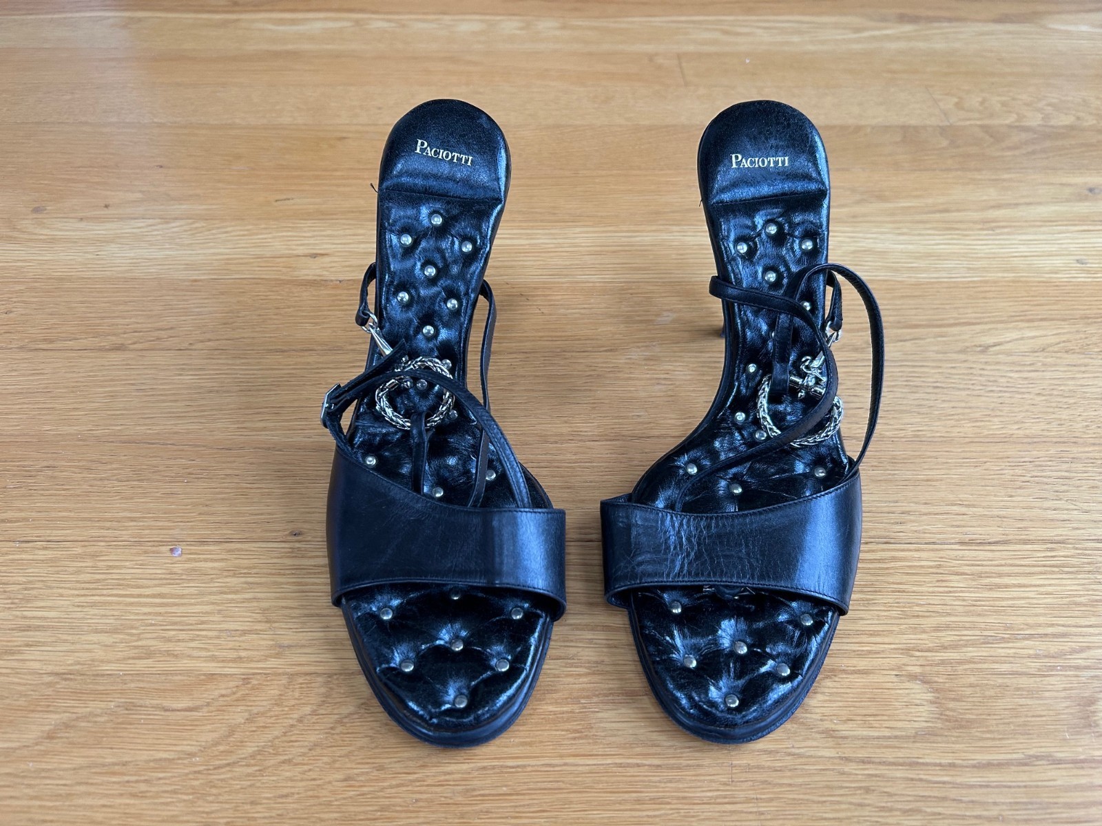 CESARE PACIOTTI Black Leather Sandals with Dagger &Sword Logo Size 10 IT 40 Good