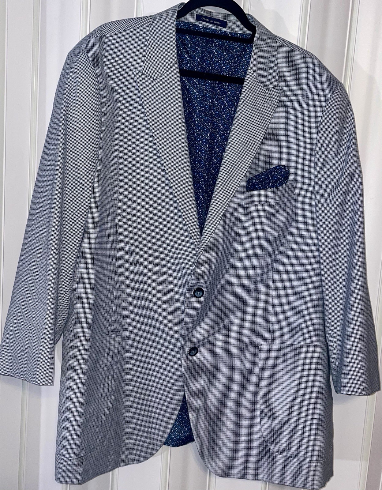 Alan Flusser Blue Check Floral Liner PolyBlend Mens•48R SportsCoat Jacket Blazer