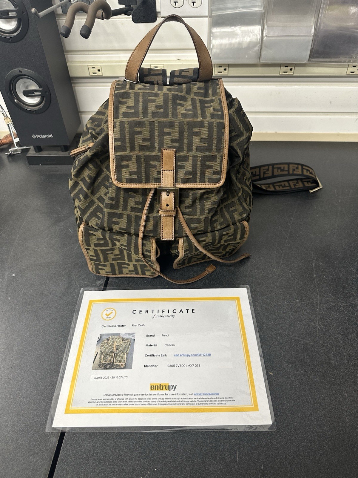 Fendi FF Monogram Backpack Brown/Black Buckle Closure Adjustable Strap Gold