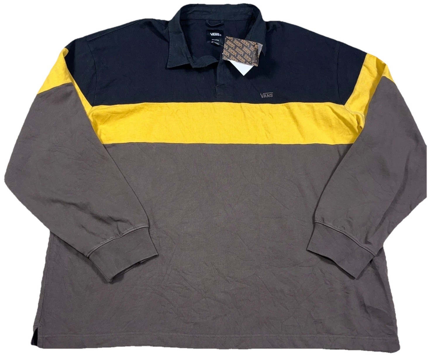 Vans Rugby Polo Shirt Men XXL 2XL Black Brown Yellow Long Sleeve Colorblock NEW