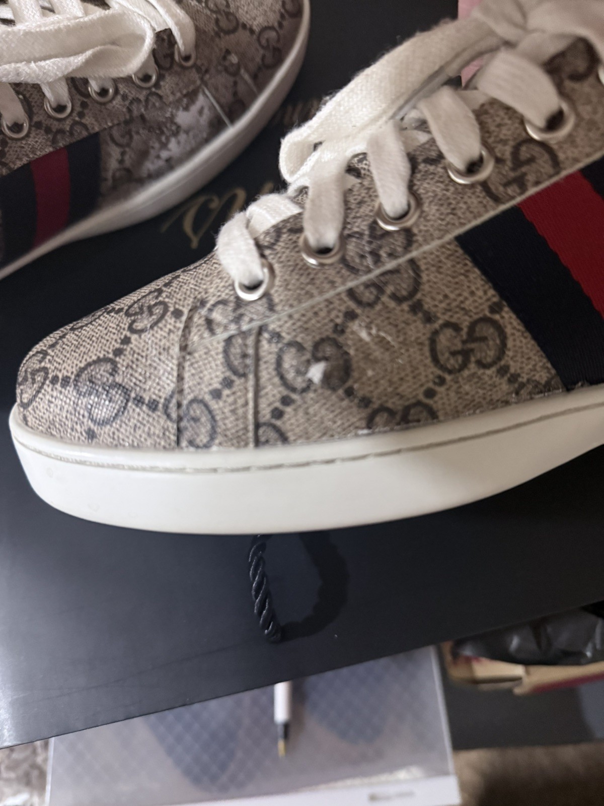 Gucci GG Supreme Monogram Canvas Sneakers with Red and Blue Sz EU 44 US 10.5-11