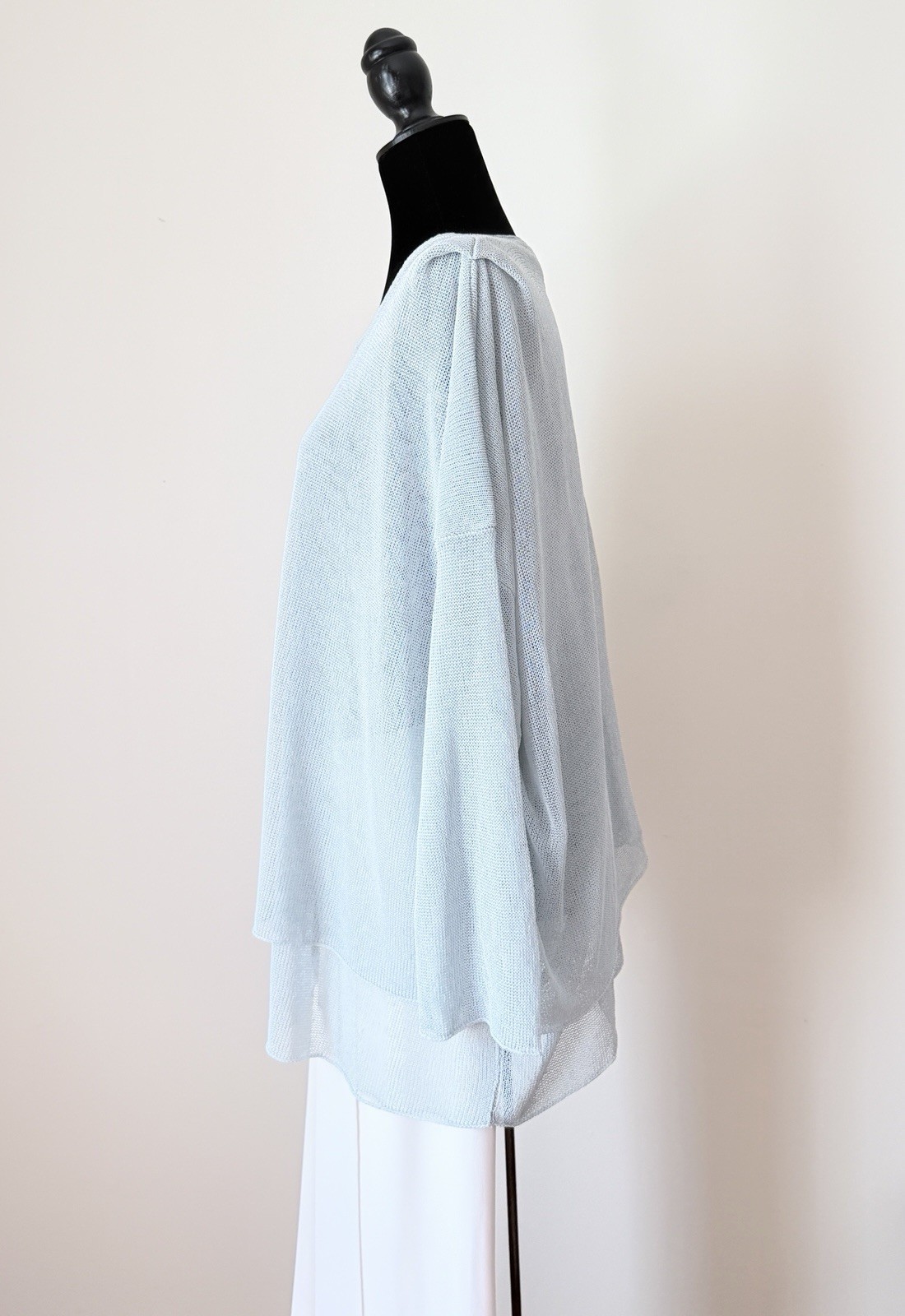 Eskandar Open Knit Sweater Pleated Shoulder Soft Sage Blue Layered Linen Blend