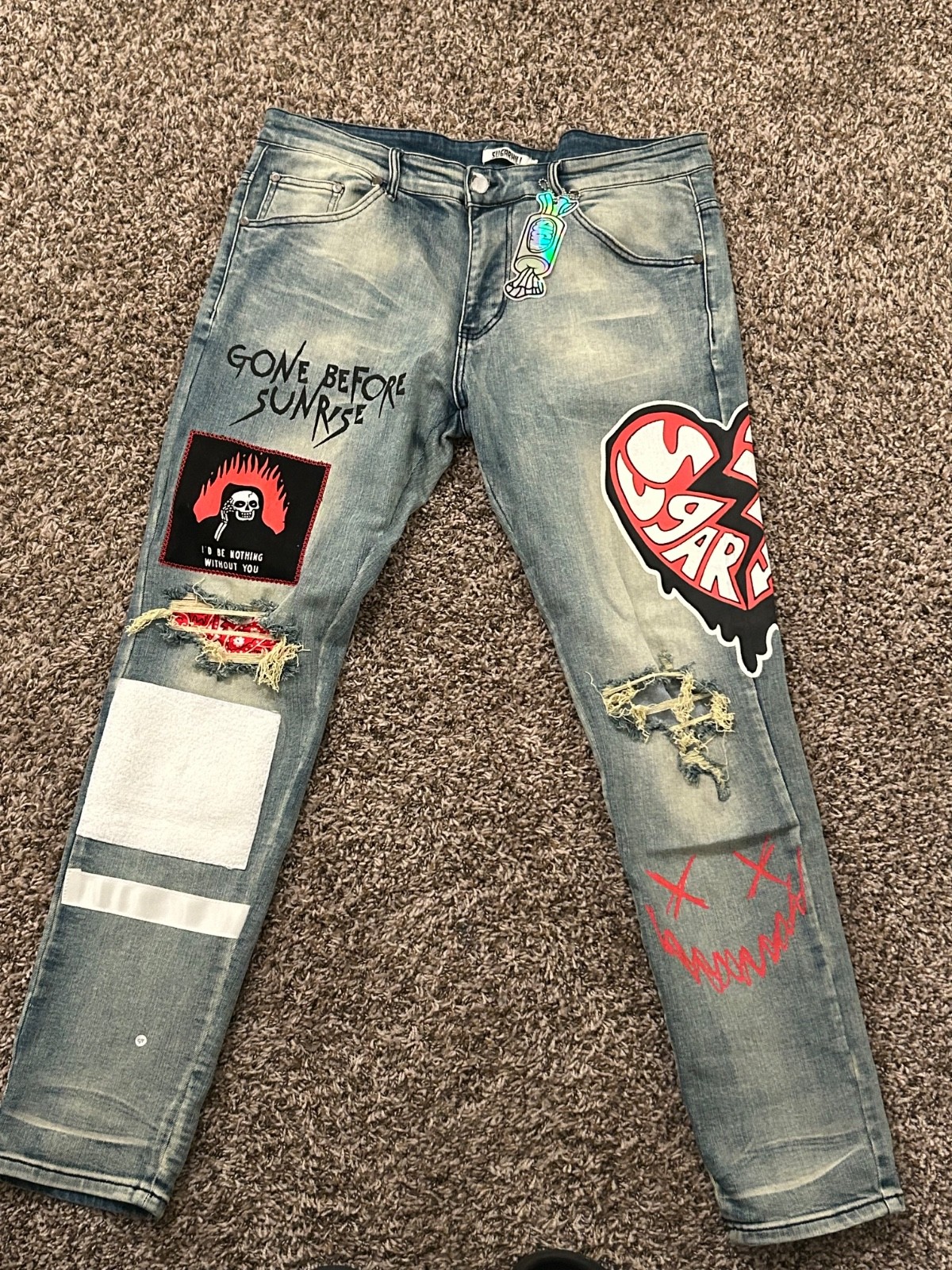 Sugarhill Men’s Blue Light Wash Jeans Graphic Patch Distressed