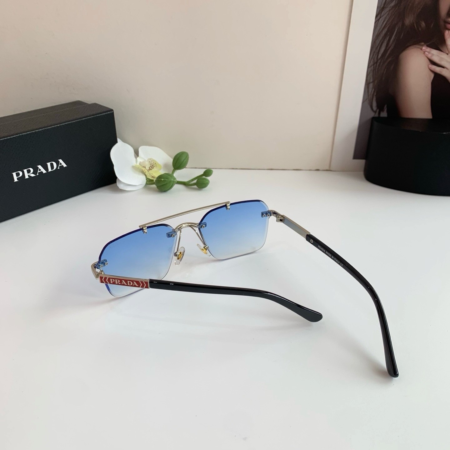 Prada 6874 Rimless Aviator Sunglasses Silver Frame Blue Gradient Lens 58-18-143