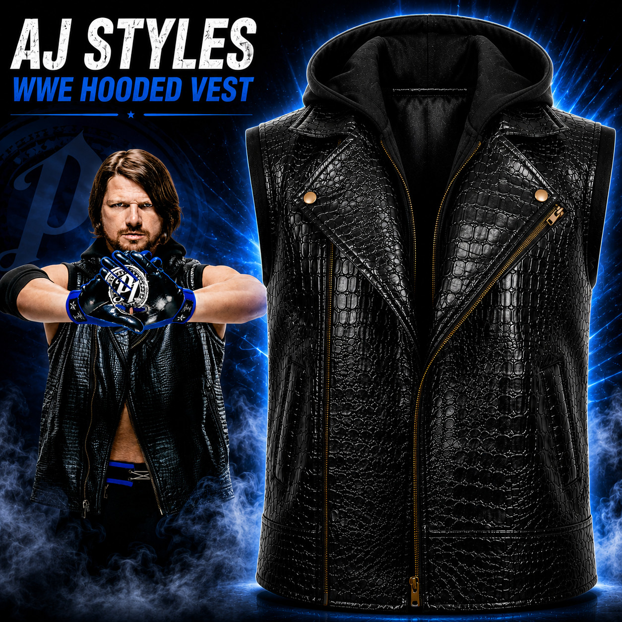 AJ Styles WWE Crocodile Textured Black Leather Hooded Wrestling Vest Jacket