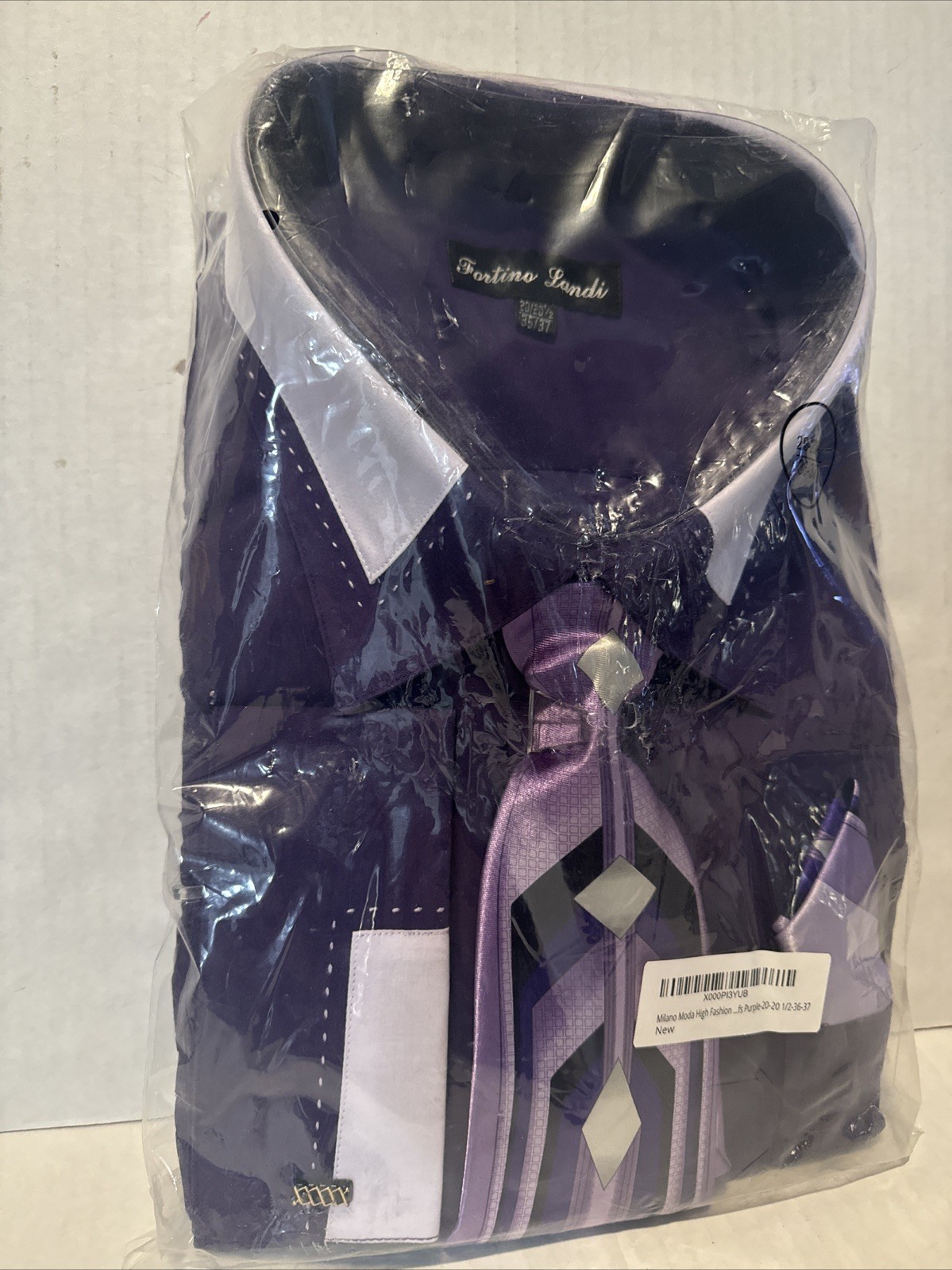 Fortino Landi Men’s French Cuff Dress Shirt w/Matching Tie, Handkerchief Purple