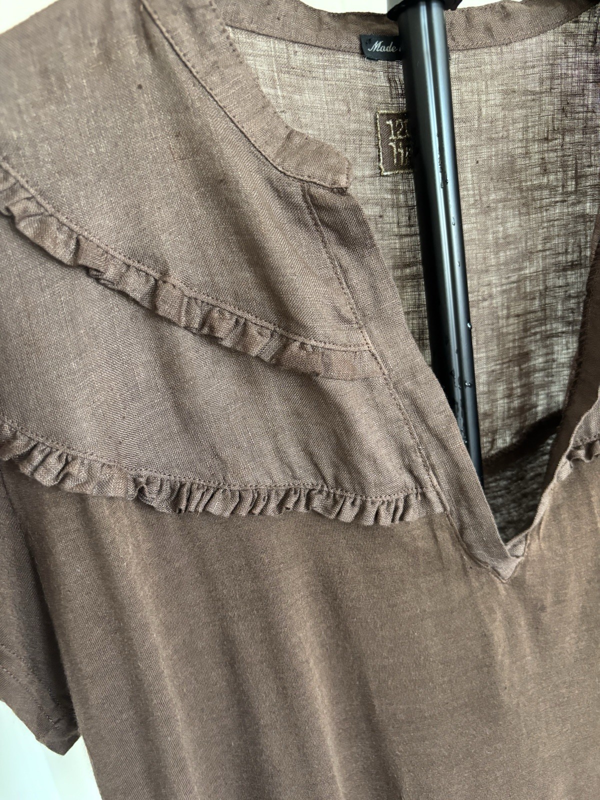 120% Lino Women’s M Brown Solid Linen V-Neck Short Sleeve Ruffle Top Italy