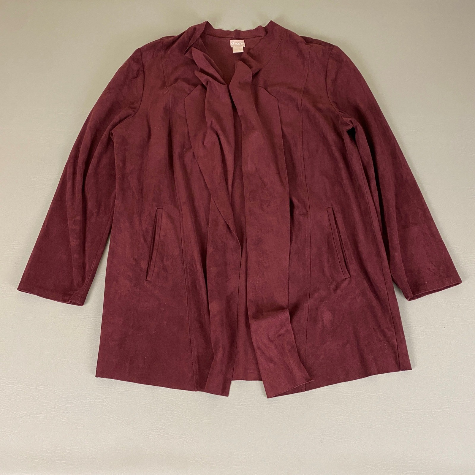 Chicos Cardigan Jacket Size 3 (US XL 16 18) Burgundy Faux Suede Open Front