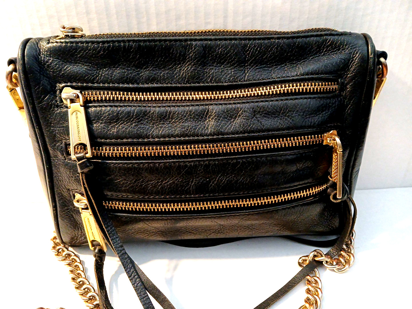 Rebecca Minkoff Black Pebbled Leather Zipper Chain Strap Fringe Crossbody Bag