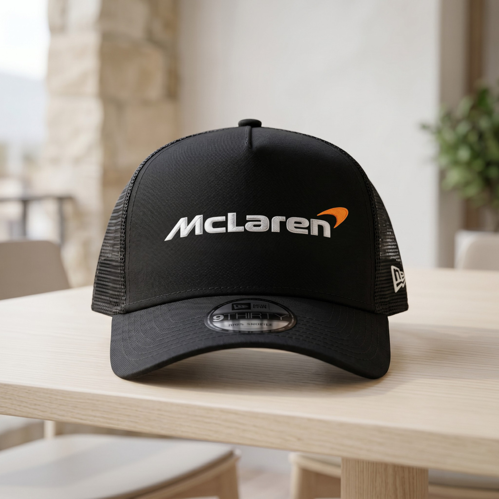 McLaren logo Embroidered Hat 9FORTY Black Trucker Mesh Cap Adjustable