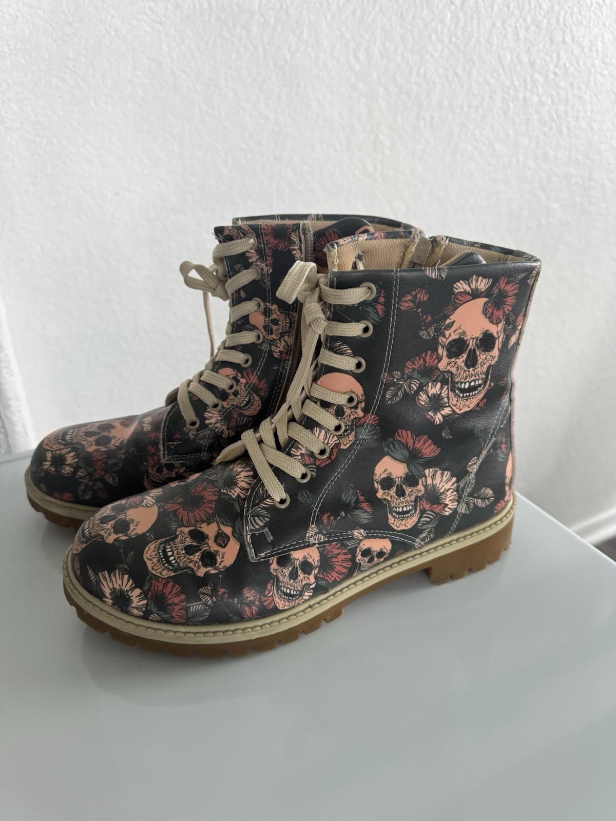 Floral And Skull Combat Boot Zip Side With Front Lace Up Not Leather